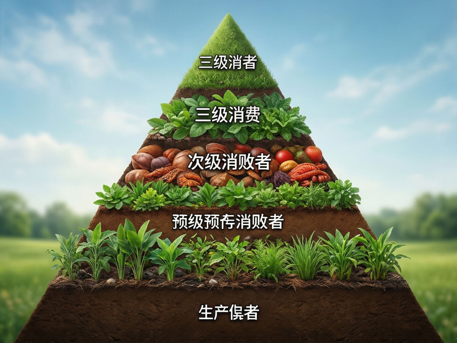 图中展示了一个以自然生态为主题的三角形金字塔，背景是模糊的蓝天白云和绿色原野。金字塔由多层土壤、植物、坚果和水果堆叠而成，色调以土褐色和生机勃勃的绿色为主。从塔尖到底部依次排列着五行中文文本，但存在明显的 AI 生成文字错误：最顶端是“三级消者”，其下是“三级消费”，中间层是“次级消败者”，再往下是含义不明的“预级预存消败者”，最底部则是“生产保者”。

画面中的 AI 缺陷非常显著：首先是文字逻辑混乱，出现了大量错别字和病句，未能准确表达生态金字塔的术语；其次，金字塔各层的物质堆叠显得有些生硬，部分植物和坚果的边缘融合不够自然；此外，文字的排版略显随意，部分字体直接覆盖在复杂的图像纹理上，导致视觉层次略显杂乱。整体构图虽然对称，但由于文字信息的严重错误，使其作为科普示意图的功能失效。