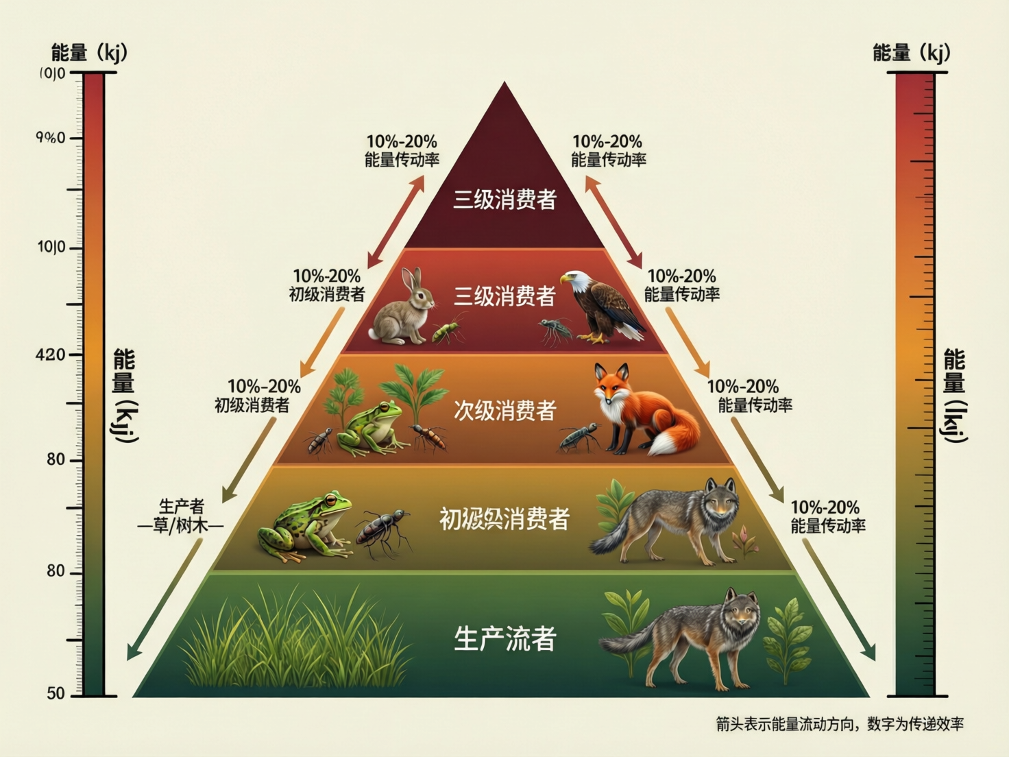 画面中展示了一个关于生态系统能量金字塔的示意图，背景为淡米色。金字塔分为五层，颜色从底部的深绿色向上过渡为浅绿、橙色、红色和深褐色。金字塔两侧各有一条垂直的彩色能量刻度条。图中包含了多种动植物插图，如草丛、狼、青蛙、昆虫、狐狸、兔子和老鹰。

然而，这张 AI 生成的图片存在严重的逻辑错误和文字缺陷。首先，文字标注混乱且存在错别字：底层被错误地标为「生产流者」，原本应为「生产者」；第二层标为「初级织消费者」，多出了无关字符；第三层和第四层均出现了「三级消费者」的重复标注，且与生物等级不符。其次，生物分类逻辑完全错误：狼被放置在底层的生产者位置，青蛙和昆虫出现在初级消费者层，而兔子和老鹰并列在同一层。此外，两侧刻度条上的数字（如 9%0、10J0）和单位（lkji）均不符合现实逻辑，文字排版也存在重叠和破碎现象，无法作为准确的科学参考。
