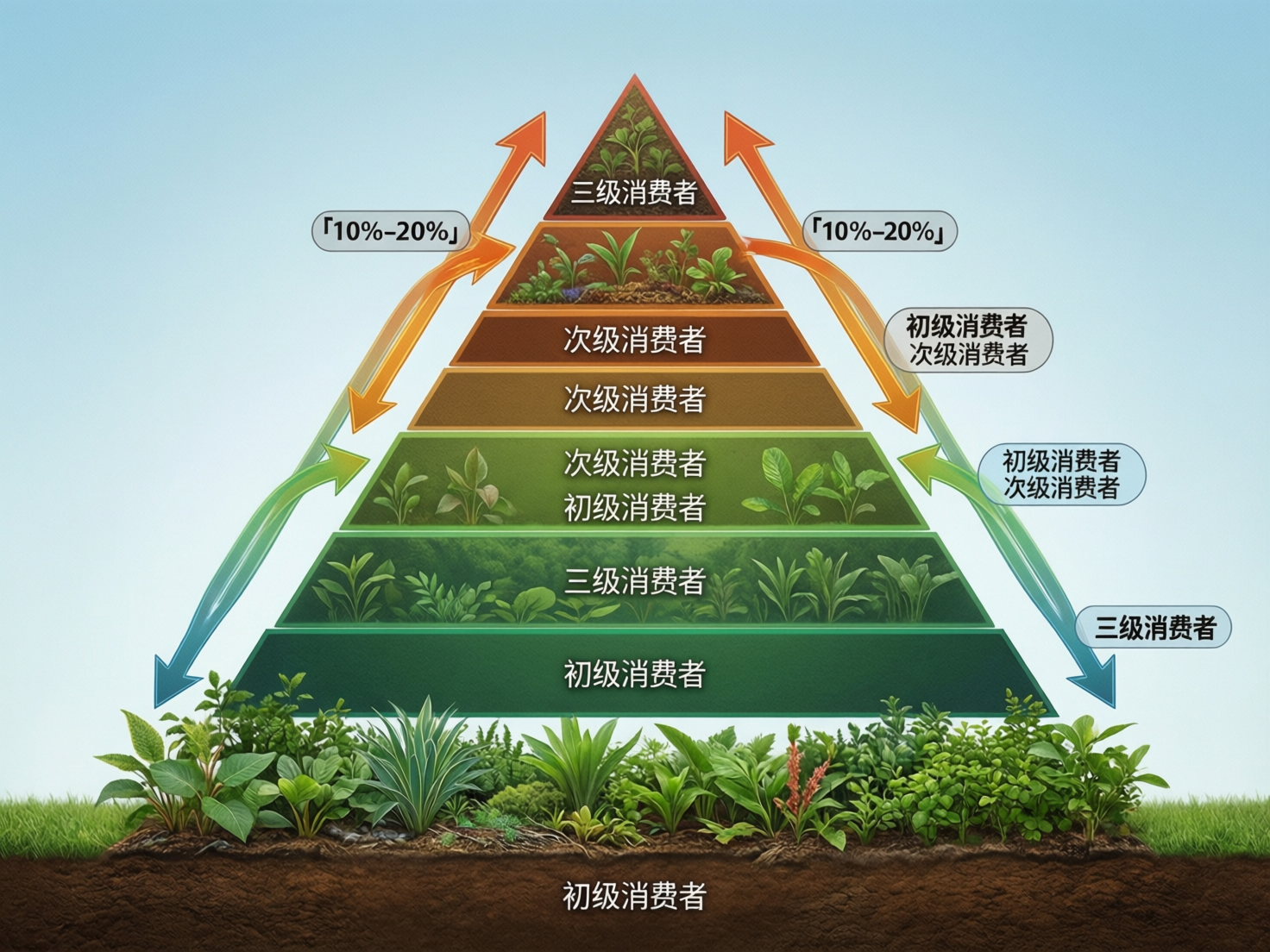 图中展示了一个以生态金字塔为主题的示意图，背景为淡蓝色的天空。金字塔坐落在肥沃的棕色土壤和绿色草地上，塔身由多个横向色块堆叠而成，颜色从底部的深绿色向上过渡为浅绿色、棕色和深褐色。金字塔内部和底部装饰有写实的植物图案。塔的两侧有橙色和绿色的弧形箭头，指向金字塔的不同层级，并标注有「10%-20%」的字样。

然而，这张图片存在明显的 AI 生成逻辑错误。首先是文字标注混乱：金字塔底部的土壤被错误地标注为「初级消费者」，而通常底部应为生产者；塔身各层的文字如「三级消费者」、「次级消费者」和「初级消费者」排列毫无规律，多次重复且位置颠倒，完全违背了能量金字塔的科学层级。此外，右侧的标签气泡中文字重叠，部分箭头指向不明确。整体构图虽然色彩和谐，但作为教学示意图，其传递的科学信息是错误且破碎的。