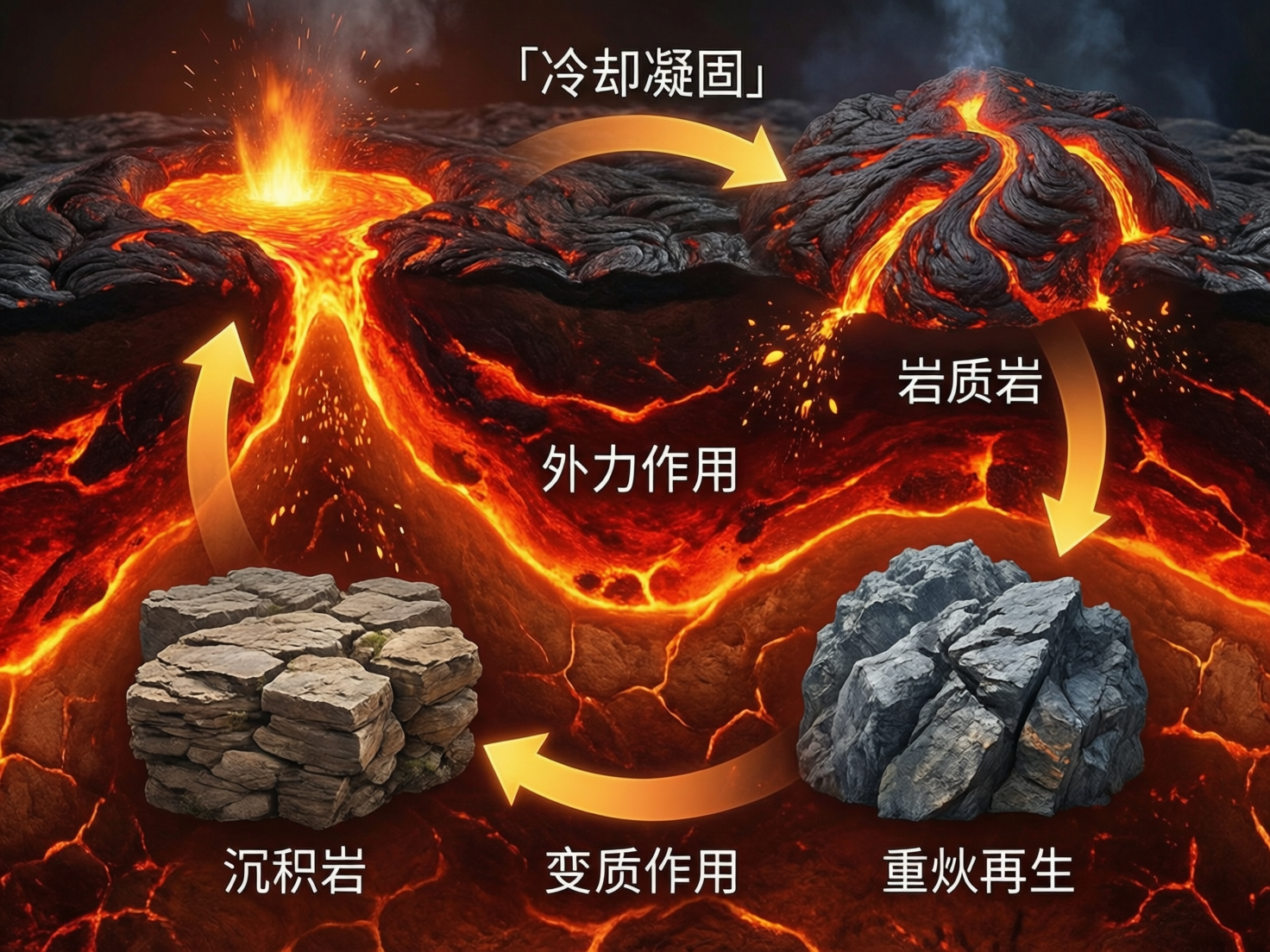 图中展示了一张关于岩石圈物质循环的科普示意图，背景是暗红色的地幔岩浆与火山口喷发的壮观景象。画面通过四个金色半透明箭头连接起不同的地质阶段。左上角是喷发的岩浆，标注有「冷却凝固」；右上角是带有熔岩流的黑色岩石，标注为「岩质岩」；右下角是一块青灰色的坚硬岩石，标注为「重熔再生」；左下角是层叠状的褐色岩石，标注为「沉积岩」。画面中央还写有「外力作用」和「变质作用」。

作为 AI 生成的图片，该图存在明显的科学逻辑与文字缺陷：首先，文字术语错误，地理学中应为“岩浆岩”，图中误写为“岩质岩”；其次，循环逻辑混乱，箭头指向与标注的地理过程（如变质作用、重熔再生）完全不匹配，无法正确表达岩石演变规律。此外，左下角的沉积岩纹理过于规整，看起来像人工堆砌的石墙，缺乏自然质感。