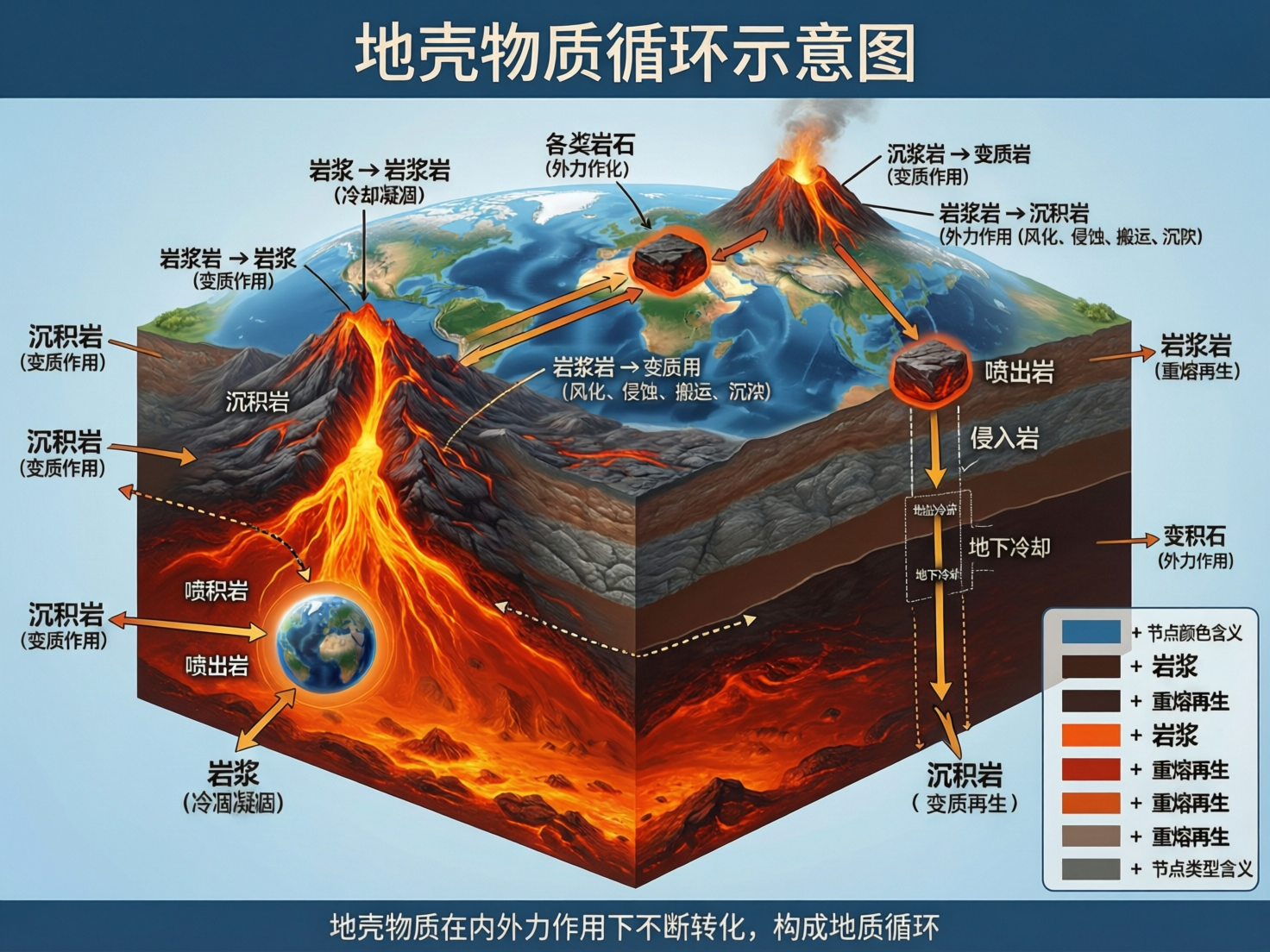 画面中展示了一张关于“地壳物质循环”的科普示意图，采用 3D 剖面视角呈现地球内部与表面的演化过程。背景为淡蓝色，中央是一个切开的地壳方块，上方漂浮着地球模型，左侧和后方有正在喷发的火山，火红的岩浆从地幔深处涌出。画面中布满了大量的中文标注和橙色箭头，试图解释岩浆岩、沉积岩和变质岩之间的转化关系。

然而，这张图片存在明显的 AI 生成缺陷，导致其作为科学图表是不合格的：首先，文字逻辑混乱且存在大量错别字，例如“外力作化”、“沉积石”、“岩浆岩→变质用”等，且多处标注重复叠加。其次，地理逻辑错误，画面左下角在地壳深处竟出现了一个微缩地球，完全违背科学常识。此外，右下角的图例说明文字模糊不清，内容逻辑断裂。整体构图虽然色彩鲜艳、视觉冲击力强，但由于 AI 对专业知识和文字排版的处理能力不足，使得图中的科学信息极度不可信。