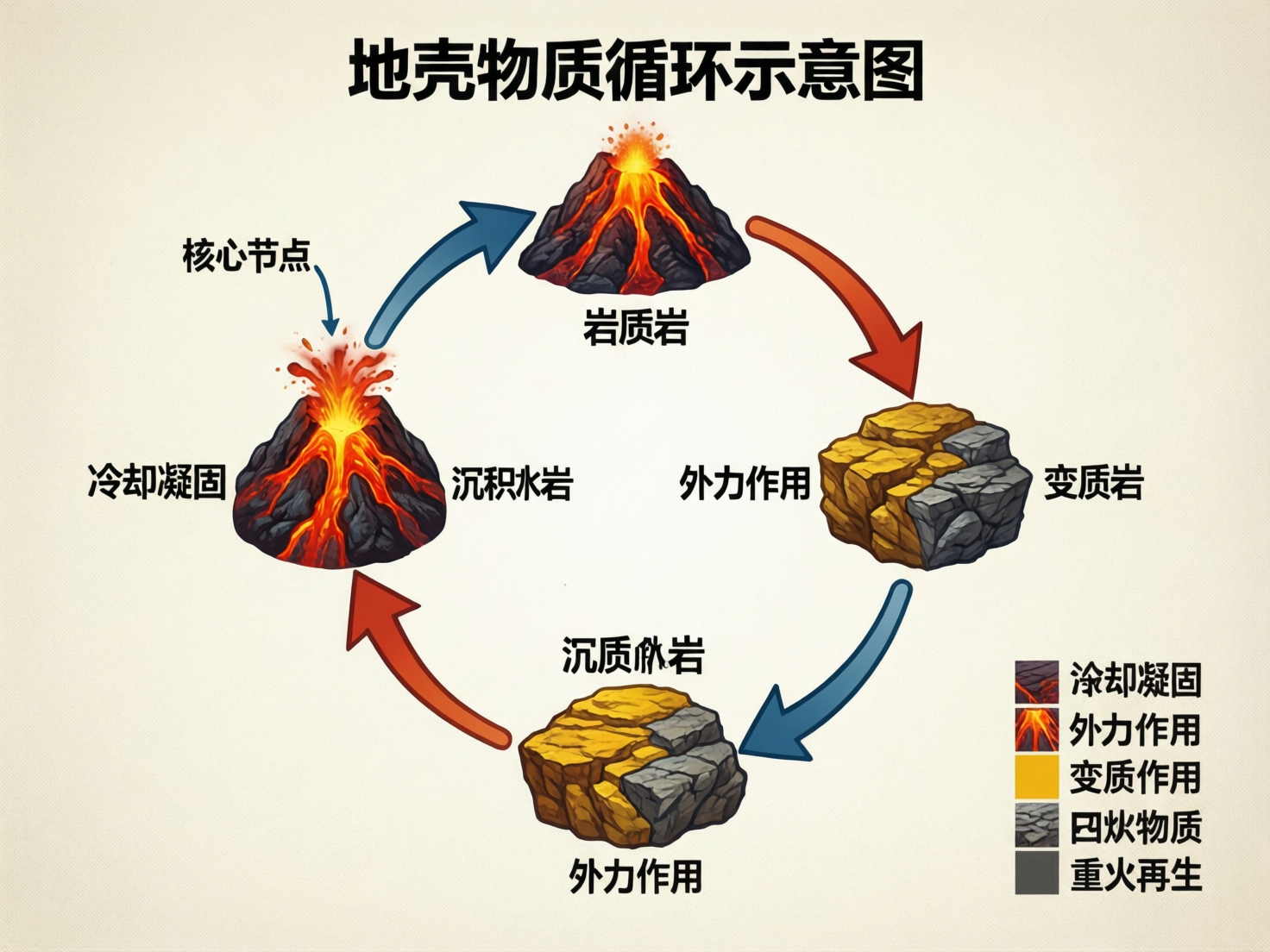 画面中展示了一张关于“地壳物质循环”的科普示意图，背景为米白色。图中四个主要元素呈环形排列，由四条彩色箭头连接。顶部和左侧是两座正在喷发的火山，火山口冒出红色的岩浆；右侧和底部是两块由黄色和灰色岩石组成的岩块。文字标注分布在图形周围，右下角配有一个包含五个色块的图例。

然而，这张图片存在明显的 AI 生成缺陷，尤其体现在文字和逻辑错误上。标题虽然清晰，但正文出现了大量错别字和病句，例如“沉积水岩”、“沉质似岩”以及图例中的“凹炊物质”等，这些词汇在地理学中并不存在。此外，箭头的指向与文字标注的逻辑混乱，两座火山的图标完全一致，未能体现出岩石循环中不同阶段的形态差异。整体构图虽然整洁，但由于文字信息的严重失真，无法准确传递科学知识。