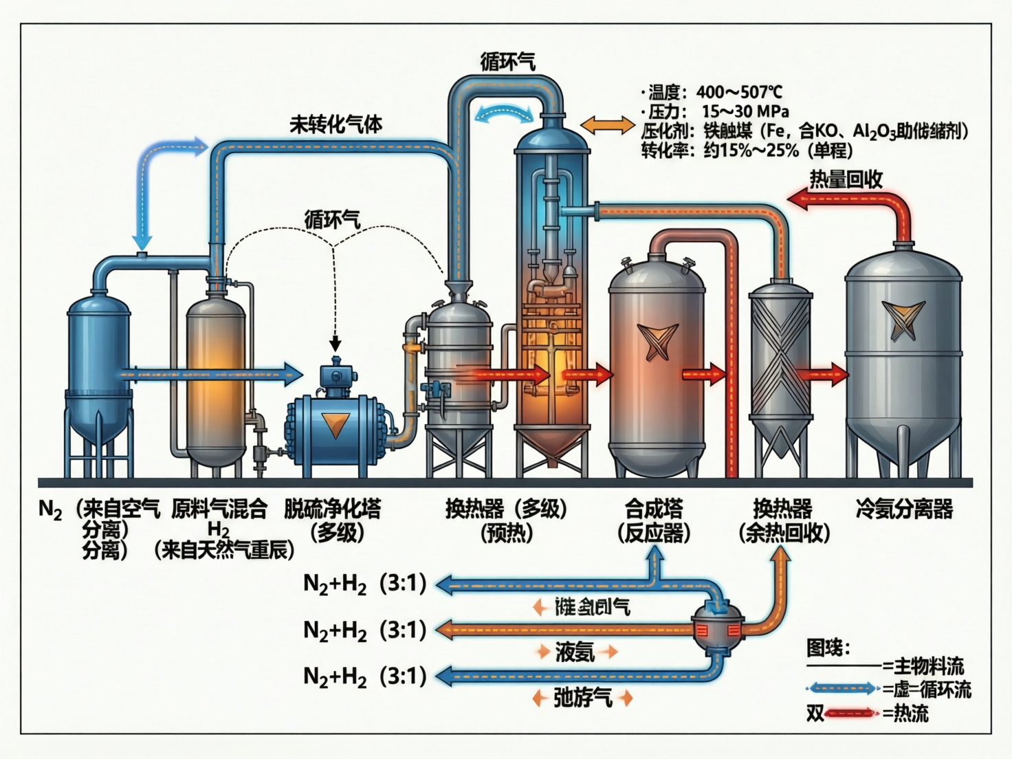 图中展示了一张关于工业合成氨流程的示意图，整体色调以冷蓝色和暖橙色为主，模拟了气体在不同温度下的流动。画面从左至右排列着多个金属质感的反应罐和塔器，包括脱硫净化塔、多级换热器、合成塔和冷氨分离器。复杂的管道系统连接着这些设备，并用带有箭头的虚线和实线标示出气体的循环路径。

然而，作为一张 AI 生成的图片，画面中存在多处明显的逻辑和文字错误。首先，文字标注出现了严重的乱码和拼写错误，例如“天然气重辰”应为“重整”，“助俄绪剂”是错误的词汇，且下方出现了多行重复的“N2+H2 (3:1)”和含义不明的“滩盆创气”、“弛旌气”等错别字。其次，图例部分的文字也出现了重叠和逻辑混乱。在视觉结构上，部分管道的衔接不符合物理透视，且合成塔内部的结构表现模糊。这些 AI 缺陷使得该图虽然在视觉上具有科技感，但无法作为准确的科学参考资料使用。