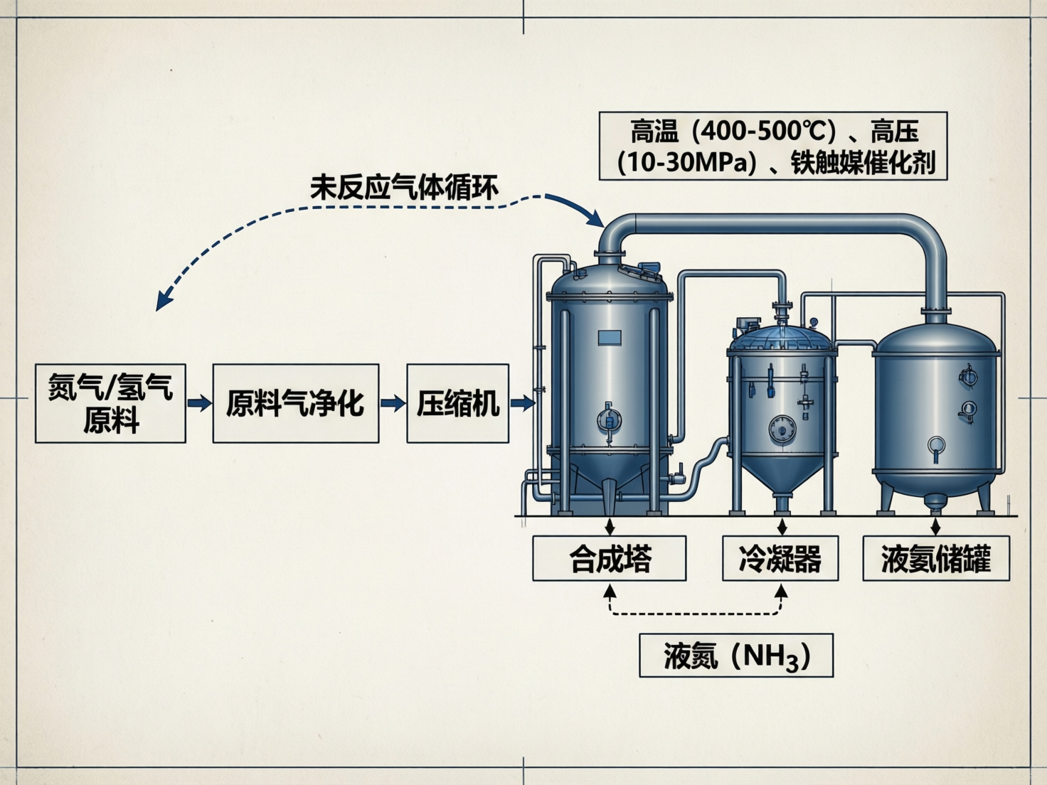 图中展示了一张关于合成氨工业流程的示意图，背景为淡米色，整体风格偏向复古的工业绘图。画面左侧排列着三个白色方框，标注了“氮气/氢气原料”、“原料气净化”和“压缩机”，并通过蓝色箭头指向右侧的工业设备。右侧绘有三个蓝灰色的金属罐体，分别标注为“合成塔”、“冷凝器”和“液氨储罐”，罐体之间有复杂的管道连接。上方有一个文本框，列出了高温、高压和铁触媒催化剂等反应条件。

画面中存在明显的 AI 生成缺陷：首先是文字逻辑错误，底部的“液氨 (NH3)”标签通过虚线指向了合成塔和冷凝器，这在化工流程上是不准确的；其次，管道连接处存在透视异常和结构混乱，部分细小管道凭空出现或消失；此外，罐体表面的阀门和仪表细节模糊且不符合机械逻辑，部分文字的笔画略显生硬，带有典型的 AI 模拟痕迹。