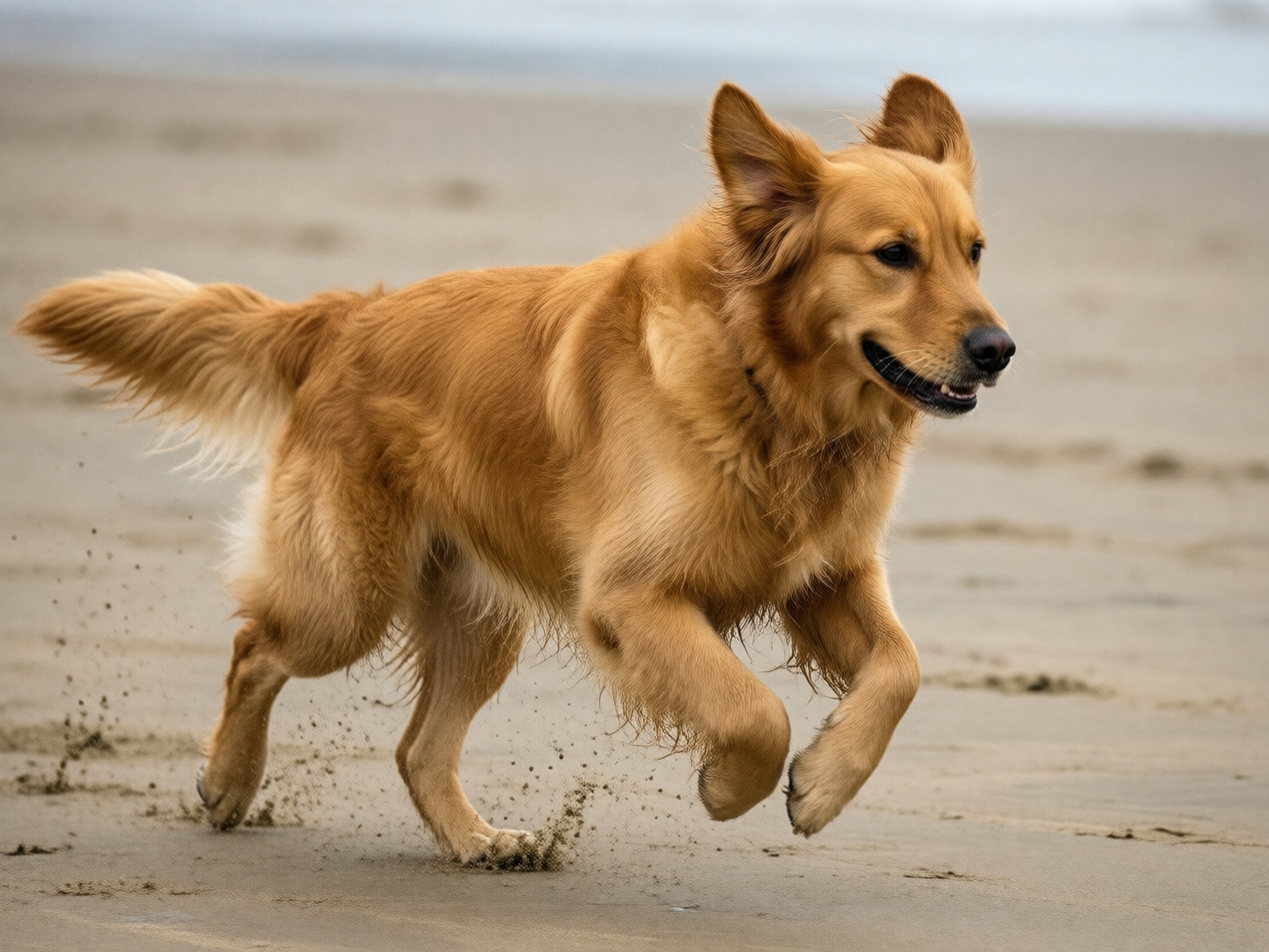 图中展现了一只金毛寻回犬在沙滩上奔跑的生动瞬间。这只狗拥有浓密且富有光泽的金黄色毛发，身体向右侧跃起，耳朵随风向后扬起，嘴巴微张，仿佛正沉浸在运动的快乐中。背景是模糊的浅灰色沙滩和远处的海岸线，构图聚焦于狗狗的动态美，地面上还飞溅起细小的沙粒。然而，画面中存在明显的 AI 生成缺陷：最显著的是狗狗的前肢结构异常，右前腿的末端没有长出清晰的脚掌，而是呈现出一个圆钝、肉质的团块状，缺乏趾甲和肉垫细节；左前腿的末端同样模糊，形状不符合生物解剖逻辑。此外，狗狗的后腿与身体的连接处显得有些生硬，尾巴根部的毛发纹理略显杂乱，与整体自然的毛发流向不符。尽管色彩温暖、氛围感强，但肢体末端的缺失是典型的 AI 逻辑错误。