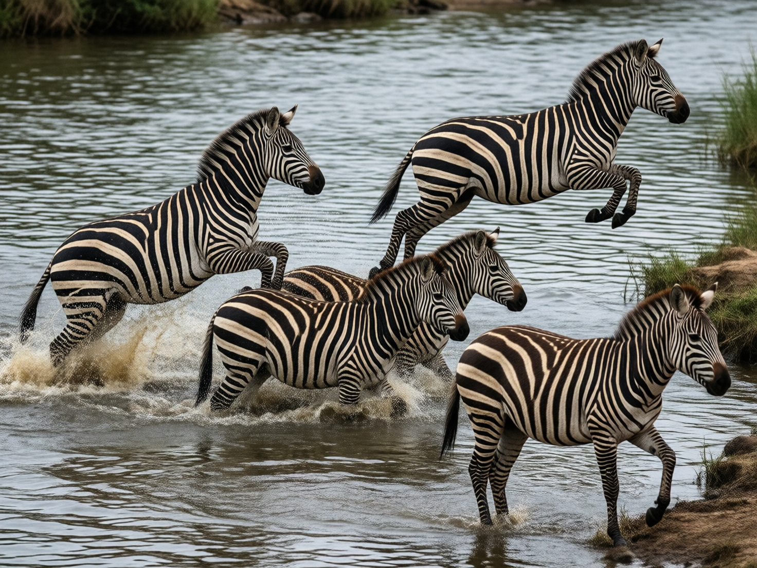 图中展示了一群斑马正在穿过一片浅水区域，整体色调以斑马的黑白条纹与灰绿色的水面为主。画面中共有五只斑马，它们姿态各异：左侧的一只正奋力跃入水中，溅起大片黄色泥水；右上方的一只完全腾空跃起，呈现出一种动态的奔跑感；中间和右下方的斑马则在水中行走或站立。背景是模糊的河岸草丛，构图呈现出从左向右的流动感。

然而，画面中存在明显的 AI 生成缺陷。最显著的问题在于斑马的肢体结构：右上方腾空的那只斑马，其后腿与身体的连接处逻辑混乱，且只有三条腿清晰可见，前蹄的形状也显得扭曲。左侧跃起的斑马，其前肢末端缺失了明显的蹄部结构，直接消失在空气中。此外，中间两只斑马的身体重叠部分处理得非常生硬，条纹走向在交汇处出现了断裂和融合，且水面上的倒影与斑马的实际动作并不完全匹配，缺乏真实的物理透视感。