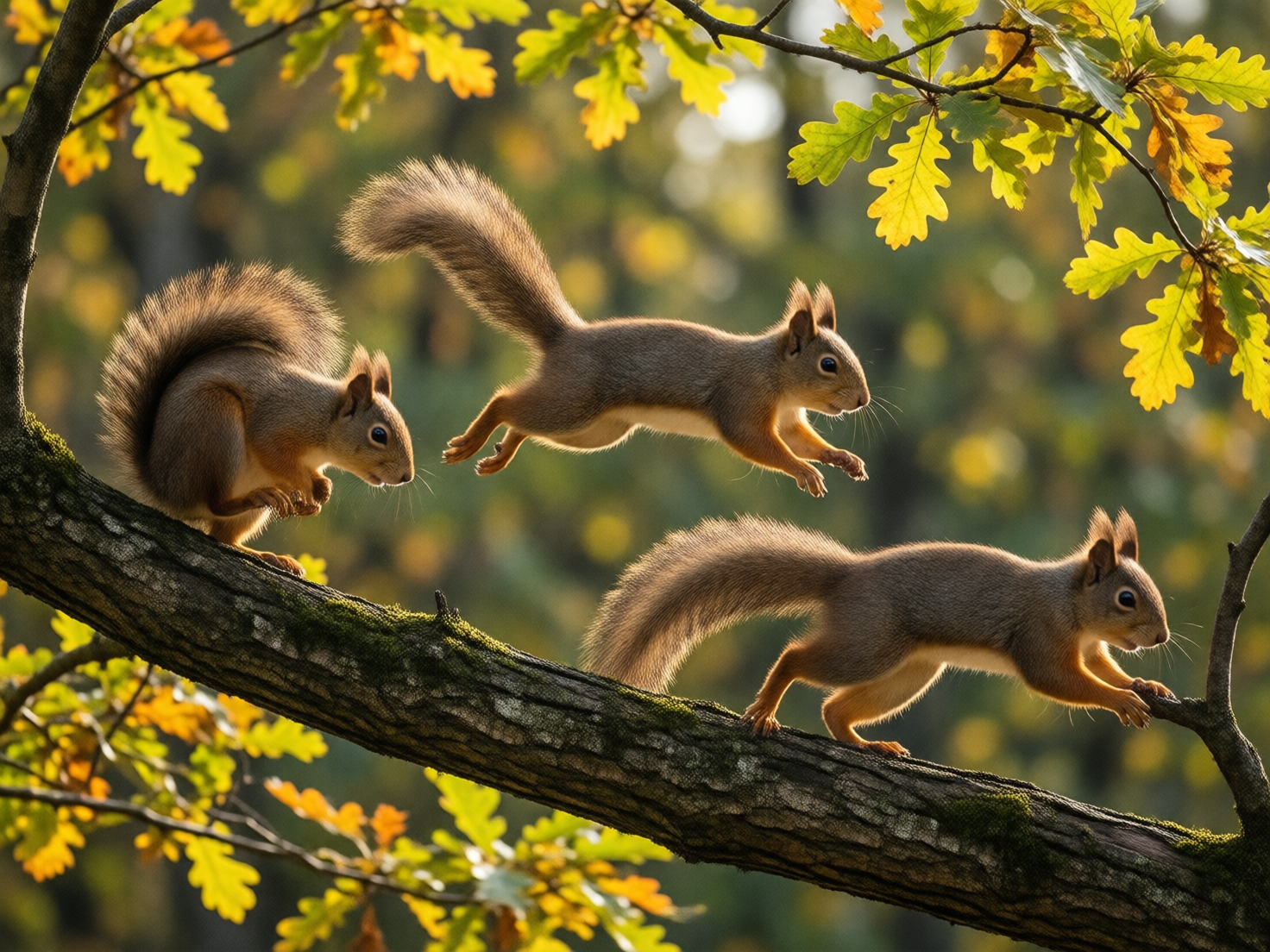 图中展示了一个充满生机的秋日森林场景，三只棕红色的松鼠在一根粗壮的橡树枝上活动。画面色调温暖，阳光透过背景中模糊的绿黄色叶片，为松鼠蓬松的尾巴勾勒出一层金色的轮廓。左侧的松鼠正蹲在树干上准备起跳，中间的松鼠跃向空中，四肢舒展，右侧的松鼠则稳稳地落在树枝前端。构图呈现出一种从左向右的动态连续感。

然而，画面中存在明显的 AI 生成缺陷。首先，中间跃起的松鼠后腿结构异常，左后腿似乎直接从腹部侧面长出，且脚趾形状模糊。右侧松鼠的前爪与树枝接触的位置透视错误，爪子像是悬浮在空中或与细枝生硬地融合在一起。此外，最左侧松鼠的尾巴根部与身体的连接处显得不够自然，毛发纹理在某些边缘处出现了不合理的重叠和模糊。尽管氛围温馨，但这些解剖学上的逻辑错误揭示了其人工智能生成的本质。