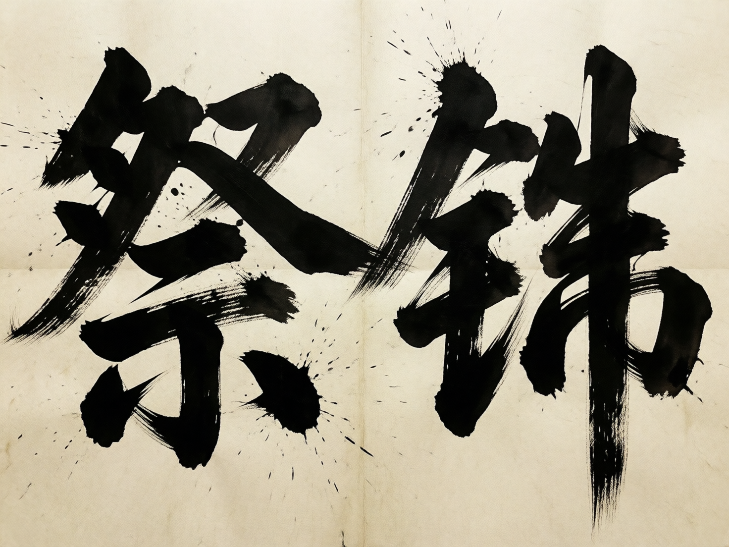 图中展示了一幅模仿中国书法风格的艺术作品。背景是带有淡淡黄色调、呈现出陈旧质感的宣纸，纸张中心有一条纵向的折痕。画面主体是两个巨大的黑色水墨字符，笔触苍劲有力，带有明显的枯笔飞白效果和墨汁溅洒的痕迹，展现出一种狂放不羁的视觉冲击力。

然而，作为 AI 生成的图像，画面存在明显的逻辑缺陷：这两个字符并非真实的汉字，而是由类似汉字偏旁部首的线条随机组合而成的“伪汉字”。左侧字符看起来像是由“祭”字的变体构成，但结构混乱；右侧字符则融合了类似“金”字旁与“带”字的元素，却无法组成任何有意义的文字。此外，墨迹溅洒的分布过于均匀且生硬，缺乏自然书写时的随机感，整体呈现出一种“形似汉字却无实义”的典型 AI 生成特征。
