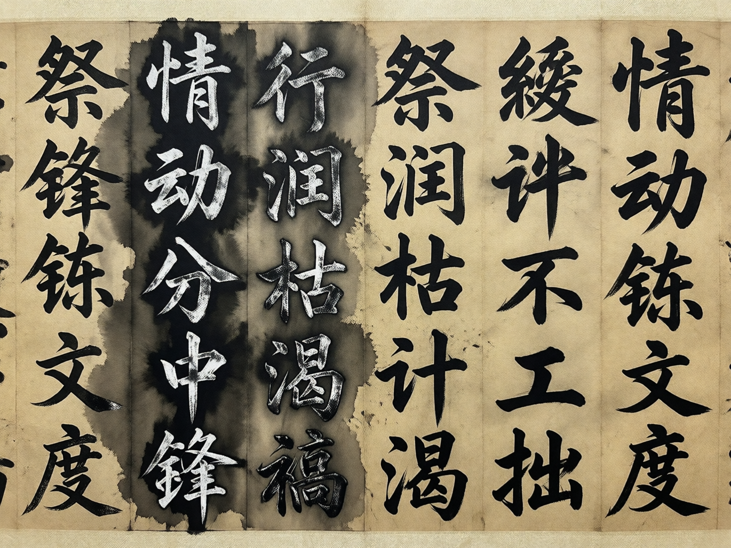图中展示了一幅模仿中国传统书法横幅的画面。背景是带有古旧质感的淡黄色宣纸，纸张上有明显的垂直折痕或拼接痕迹。画面中排列着六行繁体中文字符，书法风格介于楷书与行书之间，笔触浓重，墨色深沉。在左侧第二、三列的位置，背景出现了大面积的黑色墨迹晕染，使得这两列文字呈现出白字黑底的反差效果，仿佛是拓片或特殊墨染工艺。

然而，作为 AI 生成的图片，画面存在明显的逻辑缺陷：首先，文字内容大多为随机组合的“伪汉字”或无意义的词组，虽然笔画看起来像汉字，但许多字形结构并不存在，无法通顺阅读；其次，墨迹的晕染边缘显得生硬且不自然，缺乏真实水墨渗入纸张纤维的层次感；最后，部分笔画出现了断裂或扭曲，文字的大小和间距分布也缺乏传统书法作品应有的章法与韵律感。