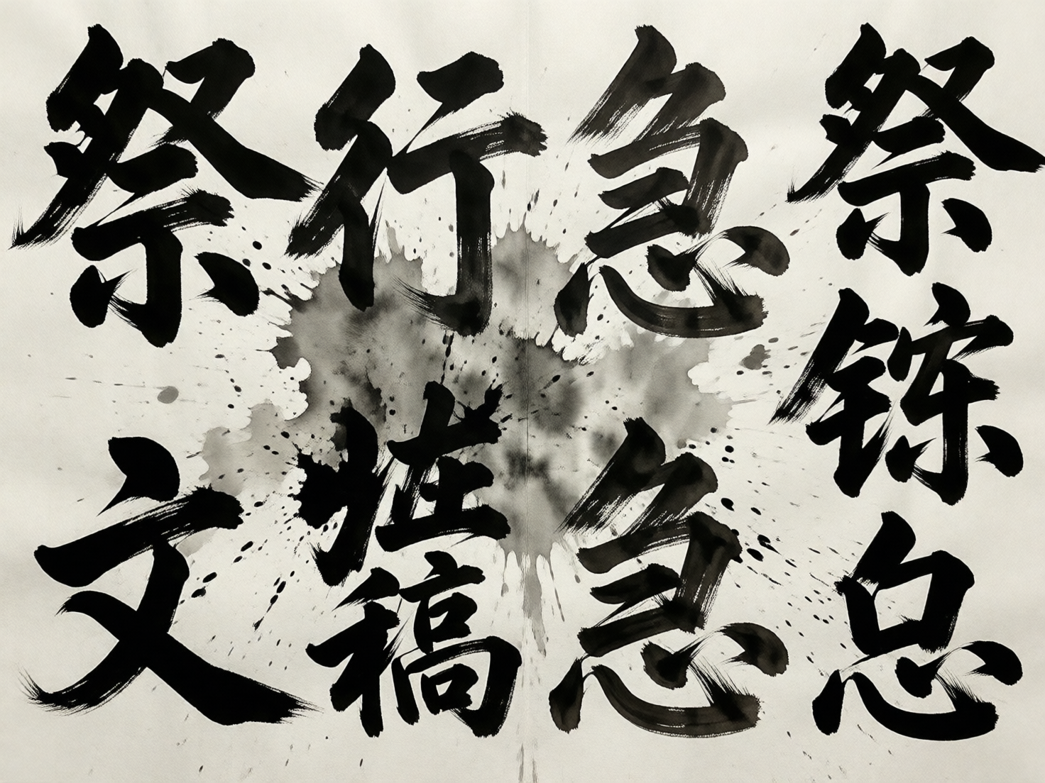 图中展示了一幅模仿中国书法风格的黑白作品。画面背景为米白色的宣纸质感，中心有一块巨大的半透明墨渍，向四周溅射出细小的墨点，营造出一种泼墨艺术的视觉冲击力。画面中分布着两行八个大字，笔触粗犷有力，具有明显的毛笔枯笔效果和水墨晕染感。

然而，作为 AI 生成的图像，这幅作品存在明显的文字逻辑缺陷。虽然每个字看起来都由汉字偏旁部首组成，且具有行书或草书的韵味，但仔细观察会发现，大部分字形都是错误或虚构的。例如，左上角的“祭”字结构尚可辨认，但右侧和下方的多个字符则是将不相关的笔画强行组合在一起的“伪汉字”，无法实际阅读。此外，墨渍的溅射分布过于均匀且对称，缺乏真实书写时自然产生的随机性，透视上呈现出一种平面堆砌感。