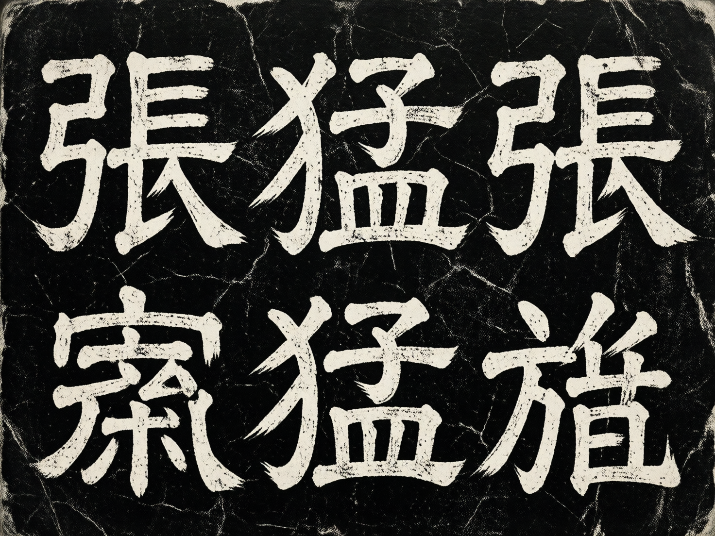 图中展示了一张模仿中国传统碑刻拓片的书法图像。画面背景为纯黑色，带有斑驳的白色裂纹和褶皱质感，模拟了古旧石碑或纸张的岁月痕迹。画面中心排列着两行白色的繁体汉字，字体风格融合了隶书与魏碑的特点，笔画方劲有力，带有明显的枯笔和飞白效果。

然而，作为 AI 生成的图像，画面中的文字存在明显的逻辑错误和形态扭曲。第一行左侧的“張”字笔画重叠且结构松散，中间的“猛”字与右侧重复出现的“張”字在间距和比例上显得极不协调。第二行的文字则表现出更严重的 AI 缺陷：左侧的字形似“察”但下半部分笔画杂乱，无法辨认；中间再次出现了“猛”字，但偏旁部首的连接处生硬；右侧的字形似“旌”或“施”的变体，结构完全崩坏。整体而言，虽然图像成功模拟了拓片的视觉氛围，但文字内容纯属随机组合，缺乏真实的汉字结构与书法章法。