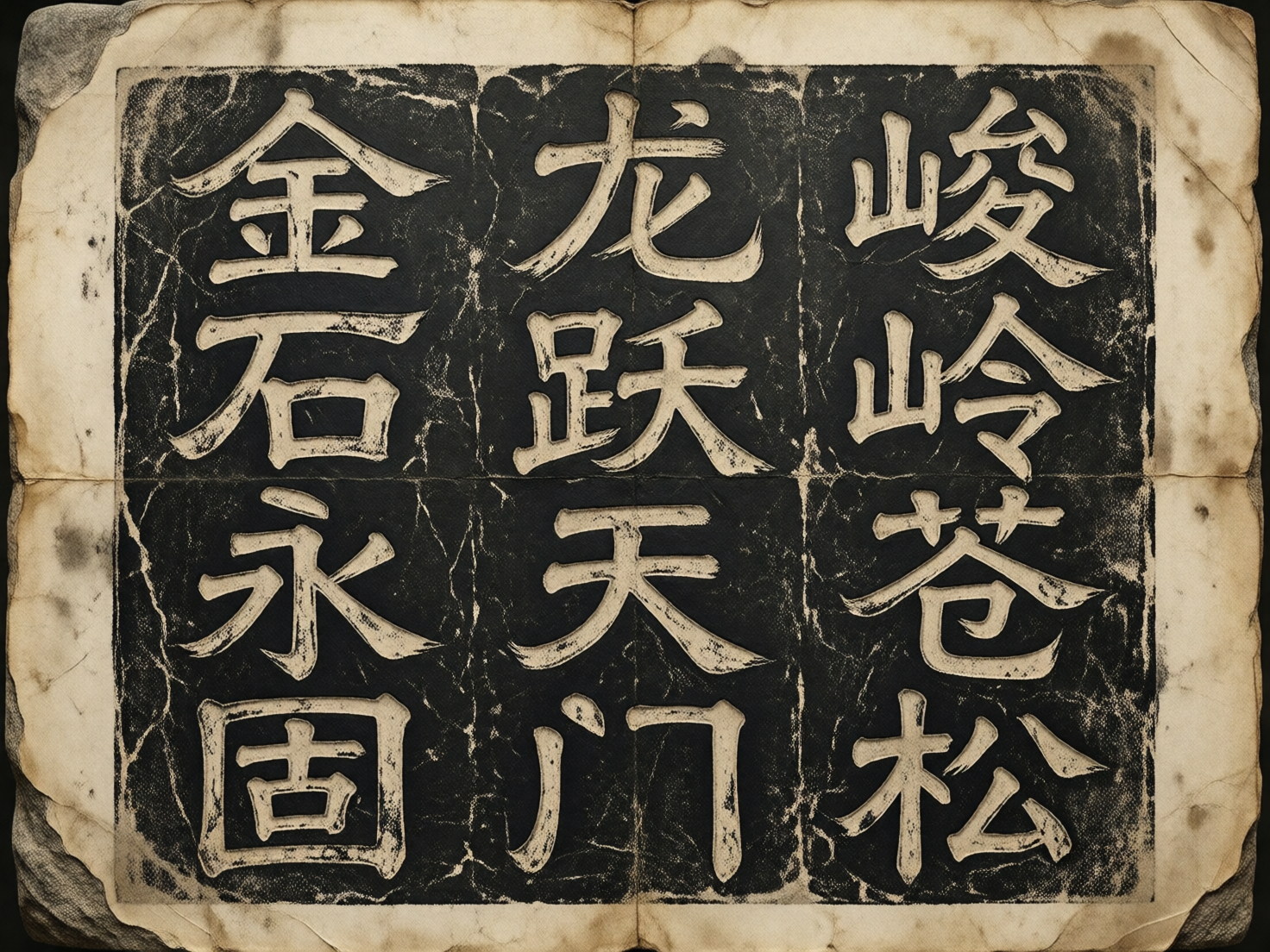 图中展示了一张仿古风格的书法拓片，呈现出一种饱经岁月的沧桑感。画面中心是一个黑底白字的矩形区域，被不规则的折痕分为六个方块，其上排列着三行四列的繁体中文字符。纸张边缘泛黄且破损严重，带有明显的烧灼痕迹和污渍。文字风格模仿隶书或魏碑，笔画粗犷，带有石刻拓印特有的斑驳质感。

然而，作为一张 AI 生成的图片，其中的文字存在明显的逻辑错误和形变。虽然可以辨认出“金石永固”、“龙跃天门”以及“峻岭苍松”等词汇，但部分字形结构并不规范。例如，“跃”字的右半部分笔画杂乱，“苍”字上方的草字头与下方连接异常，且“门”字的左右比例失调。此外，纸张的折痕与文字的透视关系并不完全自然，部分笔画在折痕处出现了不合理的断裂或扭曲，暴露出 AI 在处理复杂文字结构与材质纹理结合时的局限性。