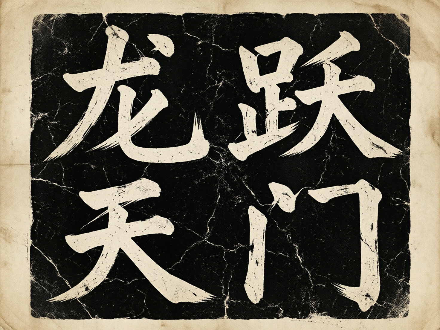 图中展示了一张具有复古质感的书法作品。画面中心是一个黑色的矩形色块，背景则是带有褶皱和泛黄痕迹的旧纸张纹理，整体呈现出一种金石拓片的视觉风格。黑色背景上分布着细密的白色裂纹，仿佛历经岁月的古旧碑文。

画面中心用白色粗犷的毛笔线条书写了四个汉字，排列方式为两行两列。左上角是简体字“龙”，右上角是“跃”，左下角是“天”，右下角是“门”，合起来是成语“龙跃天门”。书法笔触有力，带有明显的飞白效果。

作为 AI 生成的图像，画面存在明显的逻辑错误：汉字的排列顺序不符合传统书法从右向左、从上到下的阅读习惯，而是采用了现代的从左向右阅读顺序。此外，“跃”字的结构略显生硬，右半部分的撇捺连接处不够自然，而“门”字的左侧竖画与上方勾画的衔接也显得有些突兀，缺乏真实毛笔书写的连贯气韵。