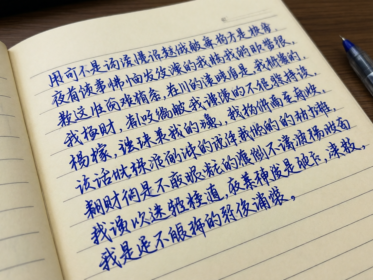 画面中展现了一本摊开在深色木纹桌面上的米黄色横格笔记本，右侧边缘露出一支蓝色圆珠笔的笔尖部分。笔记本上写满了密密麻麻的蓝色手写体文字，字迹看起来像是钢笔或中性笔书写，笔画流畅且带有一定的连笔风格。构图采用了斜向俯视的视角，光线柔和，营造出一种正在记录或写作的氛围。

然而，这张图片存在明显的 AI 生成缺陷：画面中的文字虽然看起来像汉字，但实际上全都是由随机笔画堆砌而成的“伪汉字”，没有任何一个字是真实可读的，字形结构逻辑混乱。此外，笔记本上的横格线与文字的排列关系不自然，部分线条在文字下方出现了断裂或扭曲。右侧的圆珠笔结构也较为模糊，缺乏真实的机械细节。整体而言，这是一张模拟手写笔记视觉效果但内容完全荒诞的 AI 图像。
