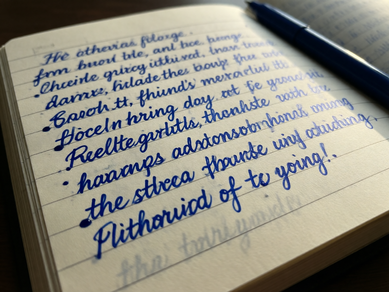 画面中展示了一本打开的横线笔记本，上面有用深蓝色墨水书写的英文手写体。笔记本斜放在桌面上，右上角搁着一支深蓝色的钢笔，背景光线柔和，营造出一种温暖的午后书写氛围。纸张呈淡雅的米白色，字迹带有明显的连笔风格，墨水在纸上呈现出深浅不一的质感。

这张图片具有明显的 AI 生成缺陷：首先，画面中的文字虽然看起来像英文，但实际上是由杂乱无章、无意义的字母拼凑而成的“伪文字”，无法阅读。其次，文字与横线的对齐关系异常，部分笔画悬浮在横线之上或穿透了横线，缺乏真实的纸面摩擦感。此外，右上角的钢笔结构模糊，笔杆与笔尖的衔接处不符合物理逻辑，且钢笔在纸上的投影与文字的阴影方向略有不一致，透视关系显得不够自然。