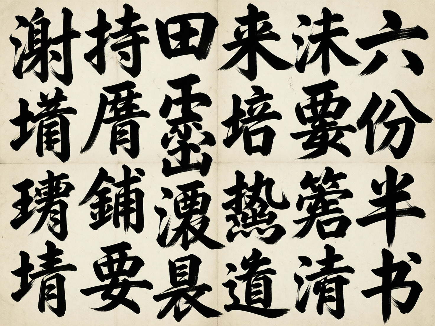 图中展示了一张模仿中国传统书法练习帖的图像。背景是带有浅黄色调和细微纹理的仿古宣纸，纸面上整齐地排列着四行六列，共二十四个黑色毛笔书法字体。这些字体呈现出楷书或行楷的风格，笔画粗犷有力，墨色浓郁。

然而，作为 AI 生成的图像，画面中存在明显的文字逻辑缺陷。虽然每个字看起来都有书法韵味，但仔细观察会发现，大部分字符并非真实的汉字，而是由随机的偏旁部首错误堆砌而成的“伪汉字”。例如，有的字结构过于复杂且不符合造字规律，有的字虽然看起来像“谢”、“田”、“书”，但在笔画连接和细节处理上存在扭曲和断裂。此外，纸张中间有淡淡的十字折痕线，但线条在穿过某些字体时显得不够自然。整体而言，这只是一张视觉上模仿书法形式，却缺乏实际文字含义的 AI 练习作。