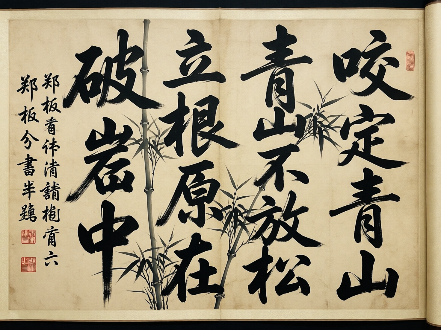 图中展示了一幅模仿中国传统书画风格的横幅卷轴，背景是带有岁月感的淡黄色宣纸纹理。画面主体为黑色毛笔书写的行草书法，内容引用了郑燮（郑板桥）著名的《竹石》诗句，背景穿插着几枝墨竹作为点缀。构图上，文字从右至左排列，左侧落款处盖有几枚红色的方形印章。

然而，这幅画作存在明显的 AI 生成缺陷。首先是文字错误：大字书法中将“千磨万击还坚劲”等原诗句进行了错误的组合与改写，部分汉字如“岩”字结构生硬，笔画衔接不自然。左侧的小字落款更是出现了大量无法辨认的“伪汉字”和乱码，字形扭曲且逻辑不通。此外，背景中的墨竹与文字的穿插关系生涩，竹节的透视略显僵硬。整体虽然模拟了水墨神韵，但在书法法度和文字准确性上存在显著的人工智能逻辑错误。