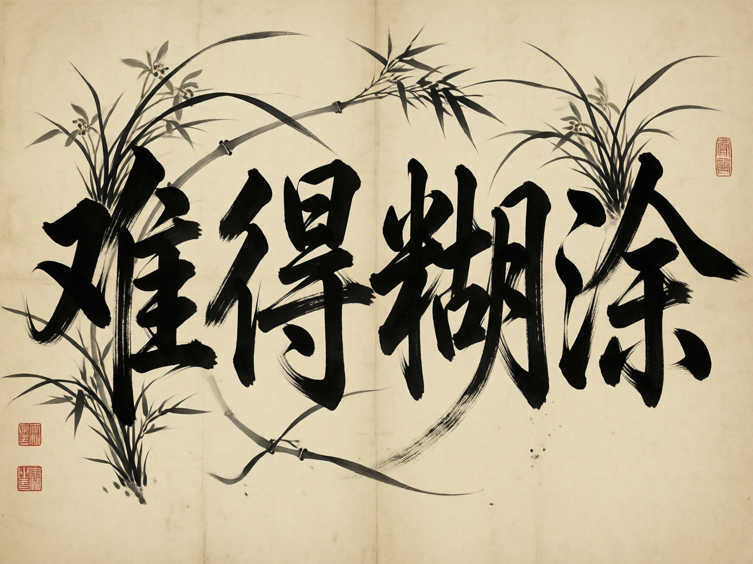 图中展示了一幅模仿中国传统水墨风格的书法绘画作品。画面背景为带有竖向折痕的淡黄色仿古宣纸，中心位置是四个醒目的黑色毛笔书法大字“难得糊涂”，字体苍劲有力，带有明显的飞白效果。文字四周点缀着墨色勾勒的兰花与竹枝，构图呈现出一种环绕式的装饰感。画面左下角和右上角分别盖有红色的仿古印章。

作为 AI 生成的图片，画面存在明显的逻辑与细节缺陷：首先，书法字体结构异常，例如“难”字的左侧偏旁和“糊”字的米字旁都出现了笔画重叠与扭曲，不符合真实书法的运笔逻辑；其次，背景中的竹枝生长方向极其诡异，竹节连接处生硬且呈圆环状扭曲，部分枝叶直接穿透了书法笔画，透视关系混乱；最后，红色的印章图案模糊不清，内部文字仅为无意义的线条堆砌，并非真实的汉字篆刻。