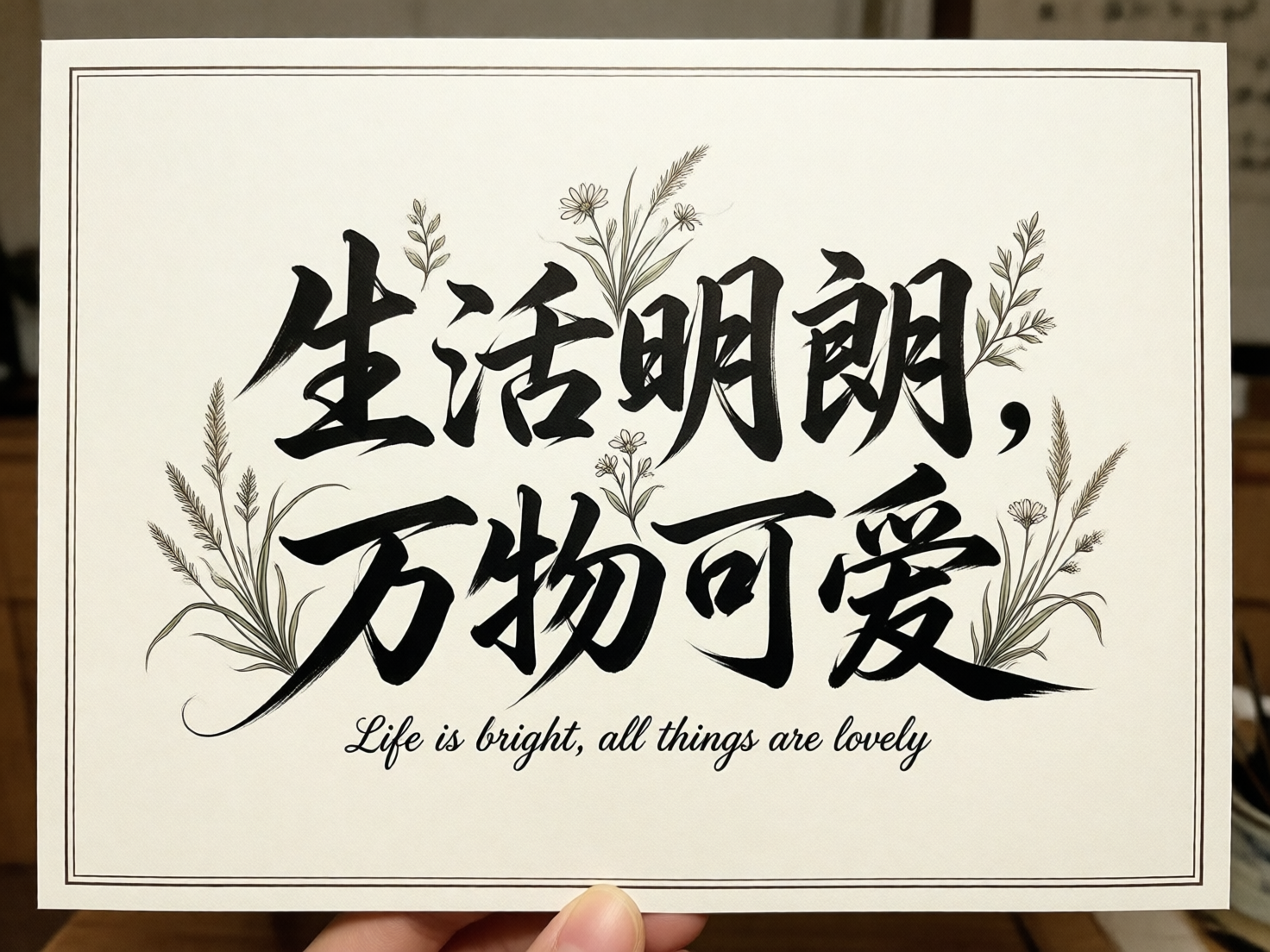 图中展示了一张米白色调的艺术卡片，被一只手轻轻托住。卡片中心是两行黑色毛笔书法字体，内容为“生活明朗，万物可爱”，笔触苍劲有力，带有明显的飞白效果。书法文字周围点缀着淡雅的线描植物，包括纤细的草叶和小巧的花朵，呈现出一种清新、文艺的视觉风格。在中文下方有一行手写体英文：“Life is bright, all things are lovely”。卡片四周有细致的双线边框。作为一张 AI 生成的图片，画面中存在明显的文字缺陷：第一行末尾的“朗”字结构异常，左侧的“良”部与右侧的“月”部发生了扭曲重叠，且多出了不规则的笔画；第二行“万”字的起笔处与背景植物线条生硬地融合在了一起；此外，英文单词“bright”中的字母“g”和“h”形态略显模糊，不够自然。尽管如此，整张图片依然营造出一种温馨励志的氛围。