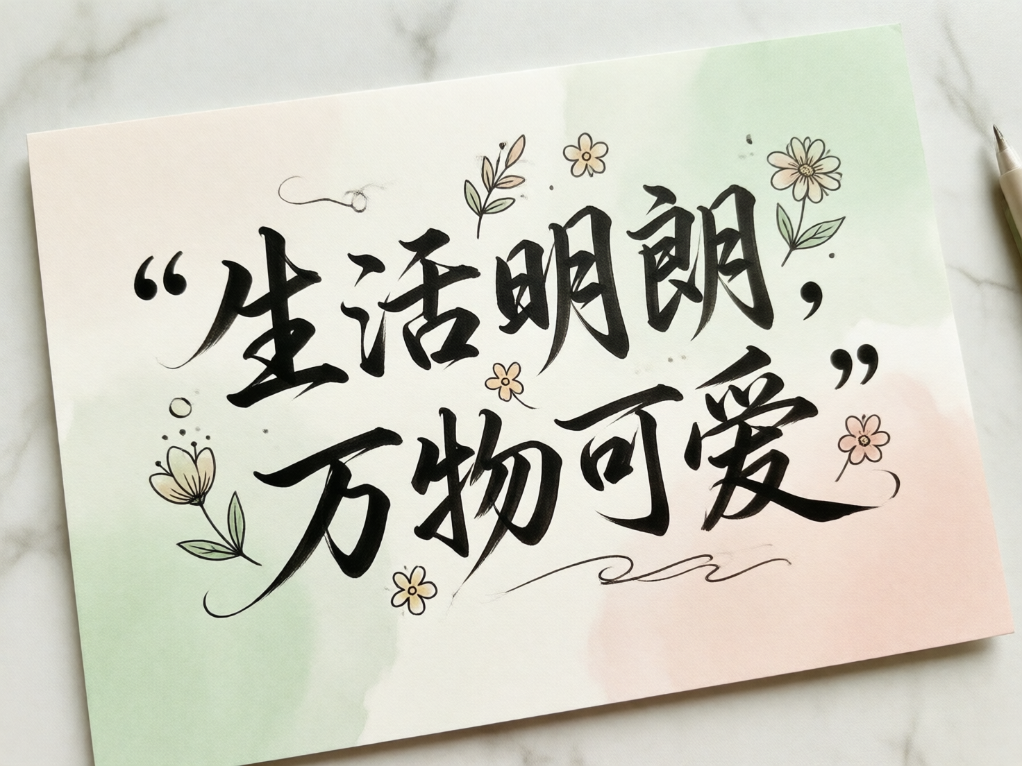 图中展示了一张放置在浅色大理石纹理桌面上的手绘风格卡片。卡片背景采用了柔和的淡绿色和浅粉色水彩晕染，营造出清新治愈的氛围。画面中心是两行黑色毛笔书法字体，内容为“生活明朗，万物可爱”，文字周围点缀着几朵简笔画风格的小花和绿叶。右侧边缘露出一支浅色笔的笔尖。

作为一张 AI 生成的图片，画面存在几处明显的逻辑缺陷：首先，文字的书写存在笔画错误，例如“明”字的日字旁多了一横，“朗”字的左半部分结构异常，“爱”字的下半部分笔画杂乱且不完整。其次，标点符号的使用不规范，左上角的双引号开口方向错误，且画面中出现了多处意义不明的黑色点状墨迹。此外，卡片边缘的透视关系略显僵硬，与背景大理石的融合感不够自然。