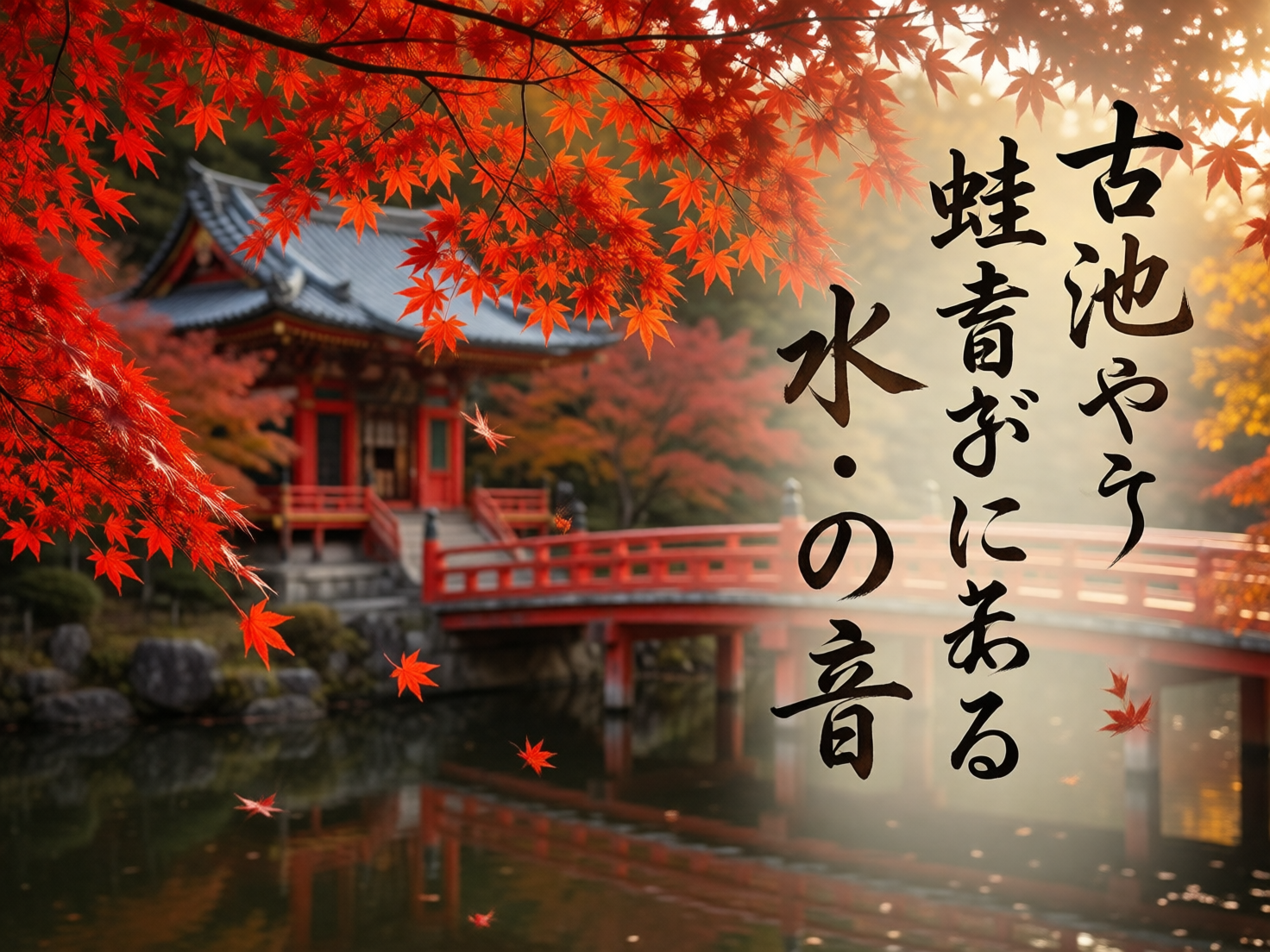 图中展现了一幅充满禅意的深秋日本庭园景观。画面前景是垂下的火红枫叶，几片红叶正轻盈地飘落在静谧的水面上。中景处有一座朱红色的木制拱桥跨越池塘，连接着左侧一座古朴的日式寺庙建筑。建筑拥有深灰色的瓦顶和红色立柱，倒映在清澈的池水中。阳光从右上方斜射入画面，形成柔和的丁达尔效应，营造出宁静而神圣的氛围。画面右侧竖排书写着黑色书法文字。

在 AI 生成缺陷方面，右侧的书法文字虽然形似日文和汉字，但实际上存在明显的逻辑错误，部分字符是随机组合的“伪文字”，无法准确阅读。此外，画面远处的红桥栏杆在光影交汇处显得有些模糊且结构不连贯，左侧建筑的阶梯与地面的衔接处也略显生硬，缺乏真实的透视细节。