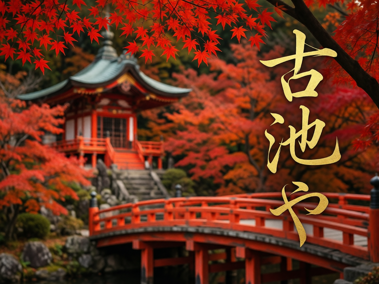图中展现了一幅充满禅意的深秋园林景观。画面前景右侧是一棵深色树干，上方垂下几簇火红且轮廓分明的枫叶，与背景中大片朦胧的红叶交相辉映。中景处有一座朱红色的木制拱桥横跨在水面上，通向左后方一座古朴的日式亭阁。亭阁拥有青灰色的瓦顶和朱红色的支柱，掩映在繁茂的秋色植被中。画面右侧显著位置悬浮着金色书法字体“古池や”。整体色彩以浓郁的枫红色和朱红色为主，营造出宁静而深邃的秋季氛围。在 AI 生成的细节方面，存在明显的透视和逻辑缺陷：拱桥右侧的护栏末端与树干的遮挡关系显得生硬，缺乏空间深度感；背景亭阁的阶梯与基座连接处结构模糊，且左侧枫叶的边缘过于锐利，与整体景深虚化效果略显不协调。