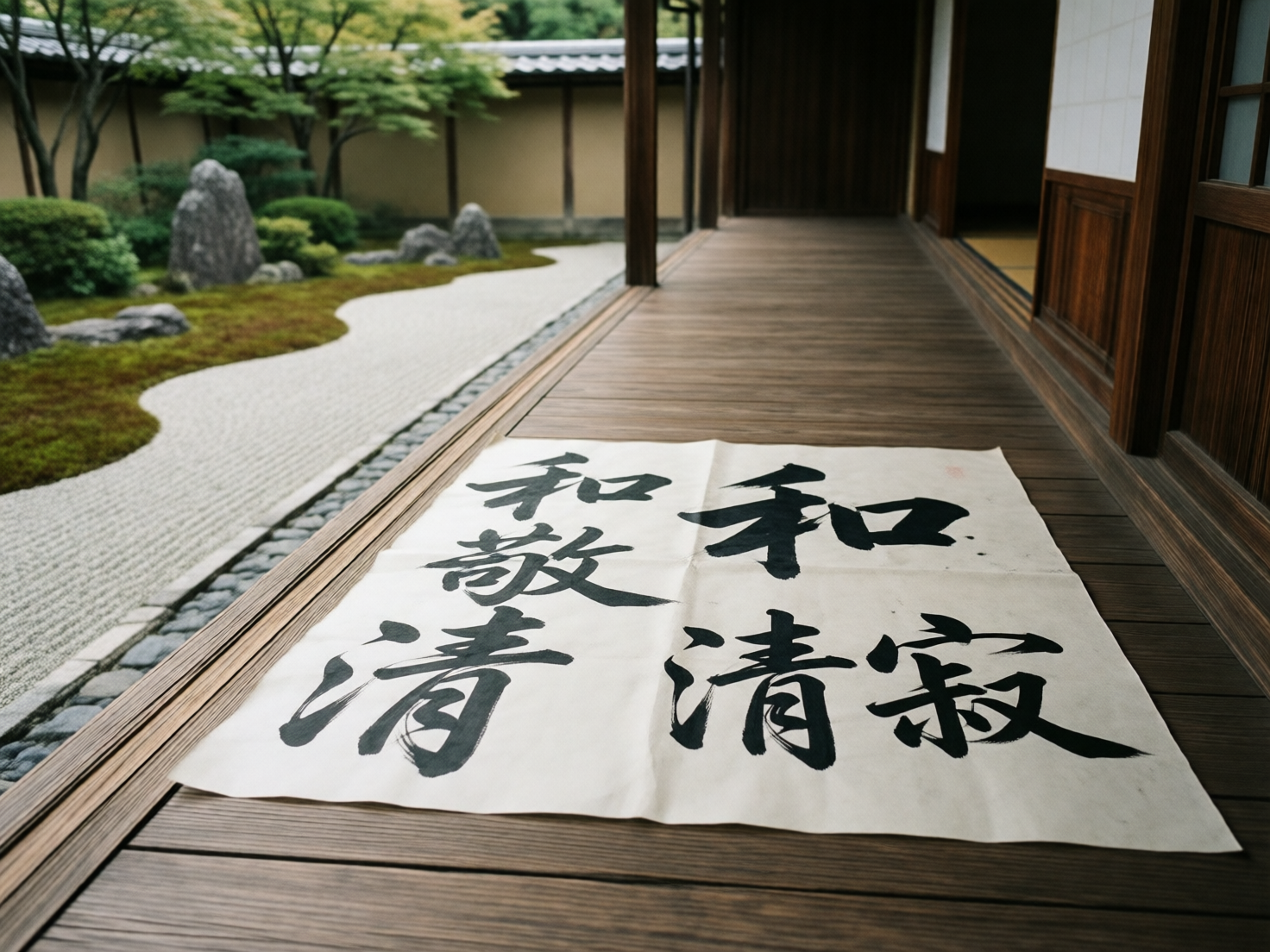 图中展示了一个宁静的日式禅意庭院场景。画面前景是一条深褐色的木质走廊，地板上铺着一张巨大的白色宣纸，上面写有黑色毛笔书法。背景是典型的枯山水景观，包含修剪整齐的绿色灌木、灰色的景观石以及铺设成波浪状的白色细砂。整体色调以木原色、白色和植物的翠绿色为主，透出一种静谧、雅致的氛围。

画面存在明显的 AI 生成缺陷：最显著的是宣纸上的书法文字，虽然笔触模仿了水墨风格，但字形结构混乱，出现了重复且不规范的偏旁部首堆砌，无法组成具有实际含义的词汇。此外，走廊木地板的纹理在远端显得有些模糊和扭曲，宣纸与地面的贴合感略显生硬，纸张边缘的透视关系与建筑线条不完全吻合。庭院深处的围墙与树木交界处也存在细节丢失的现象。