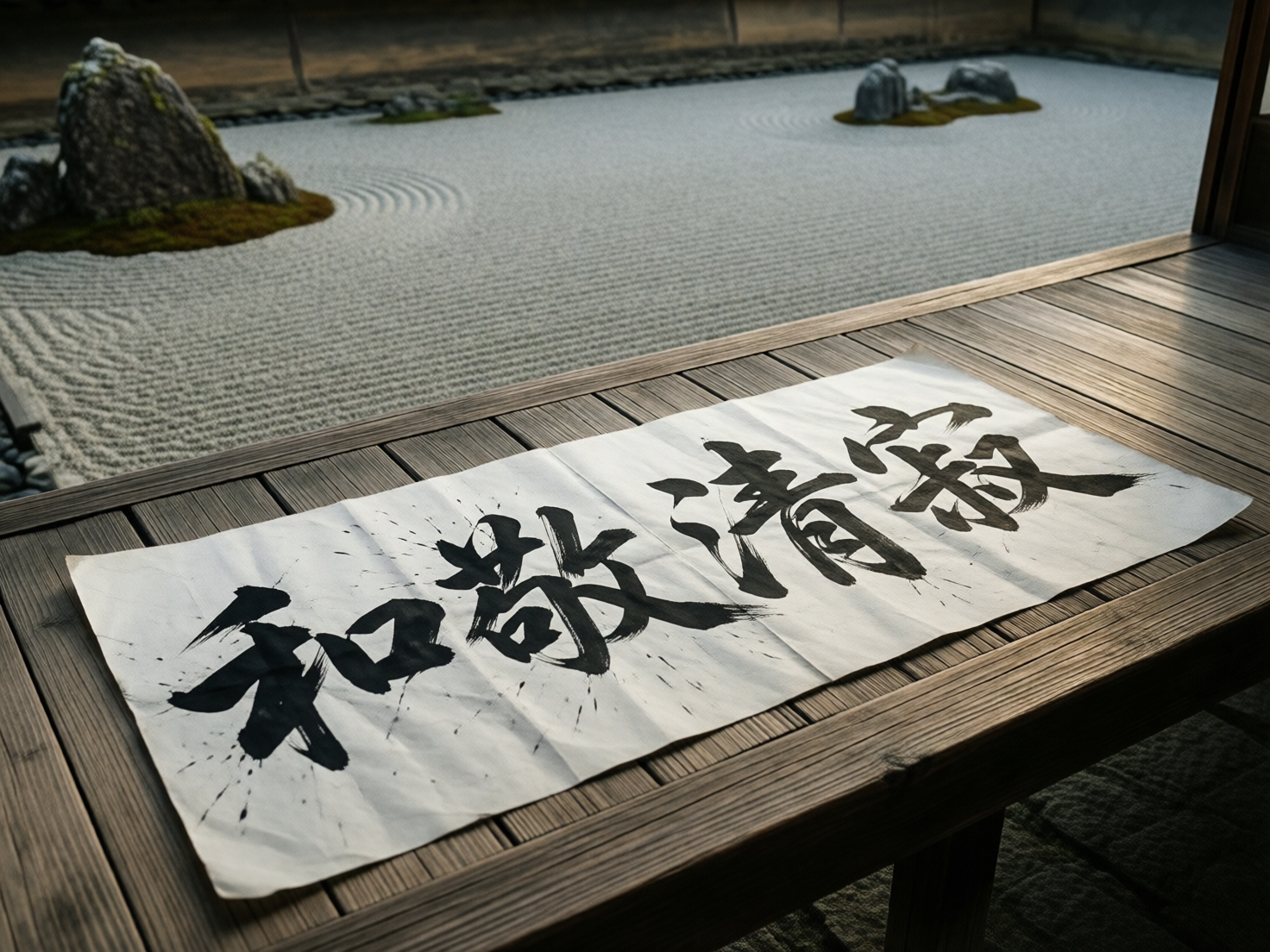 图中展现了一个宁静的日式枯山水庭院场景。画面前景是一张深色的木质长廊地板，上面平铺着一张白色的长条宣纸，纸上用黑色毛笔书写着四个大字。中景和远景是典型的禅宗庭院，铺满了细密的白色碎石，石面上耙出了整齐的环形和直线波纹，象征着水流。几块点缀着绿色苔藓的灰色岩石错落有致地分布在碎石景观中。整体色调沉稳，光线柔和，营造出一种禅意氛围。

在 AI 生成的细节方面，存在明显的文字和透视缺陷：纸上的书法字体虽然看起来像汉字，但结构扭曲且笔画杂乱，无法准确辨认为具体的汉字，更像是随机组合的墨迹。此外，宣纸在木地板上的透视关系略显生硬，纸张边缘与地板缝隙的衔接不够自然。背景中远处的岩石与碎石地面的交界处也显得有些模糊，缺乏真实的重力感和阴影过渡。