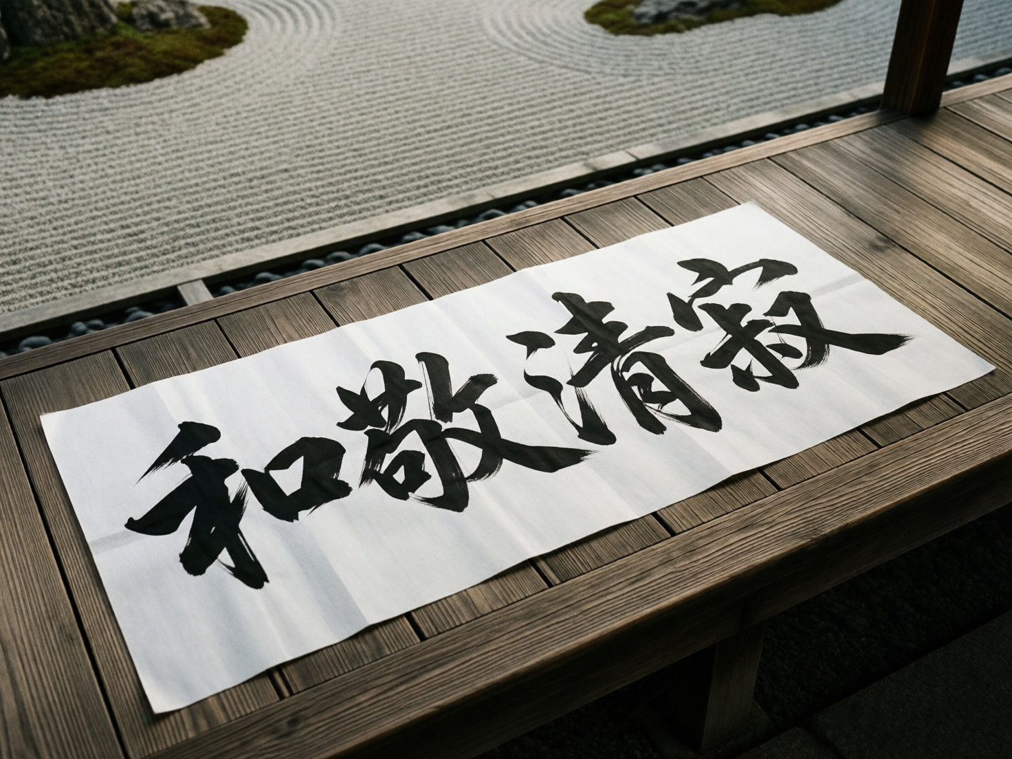 图中展示了一个宁静的日式禅意场景。画面前景是一条深褐色的木质走廊，上面平铺着一张洁白的宣纸，纸上书写着四个黑色的大字书法。背景是典型的枯山水景观，由细密的灰色碎石耙出的环形纹路和点缀其间的苔藓石块组成。整体色调以木原色、白色和灰色为主，营造出一种肃静、深远的氛围。构图采用斜向透视，视线从右下角的走廊延伸至左上角的庭院。

作为 AI 生成的图片，画面中存在明显的文字和透视缺陷：书法字体并非真实的汉字，虽然笔触模仿了毛笔的枯笔与浓墨效果，但字形结构扭曲，无法辨认出具体的含义，属于典型的 AI 伪文字。此外，宣纸在木地板上的透视略显生硬，纸张边缘过于平整，缺乏自然的重力垂感，且纸面上的折痕纹理与木板缝隙的对应关系在视觉上不够自然。