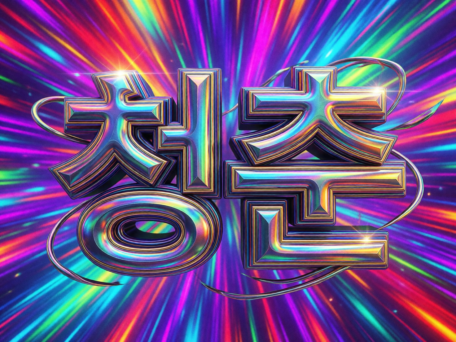 图中展示了一幅具有强烈视觉冲击力的 3D 艺术字图像。画面中心是两个巨大的韩文字符“청춘”（意为“青春”），字体呈现出厚重的立体金属质感，表面覆盖着如彩虹般绚烂的镭射光泽，折射出青、紫、金、粉等多种色彩。背景是由中心向四周迸发的彩色放射状线条，营造出一种时空穿梭或高速运动的动感。字体周围还环绕着纤细的金属丝线条和点点星光，增强了梦幻的氛围。在 AI 生成的细节方面，可以观察到明显的逻辑缺陷：左侧字符下方的圆形笔画呈现出多层嵌套且不规则的扭曲，右侧字符的笔画交接处存在透视错误，部分金属边缘显得模糊或重叠，环绕的细丝线条在穿插时也出现了断裂和不自然的融合，这些都是典型的 AI 渲染异常。