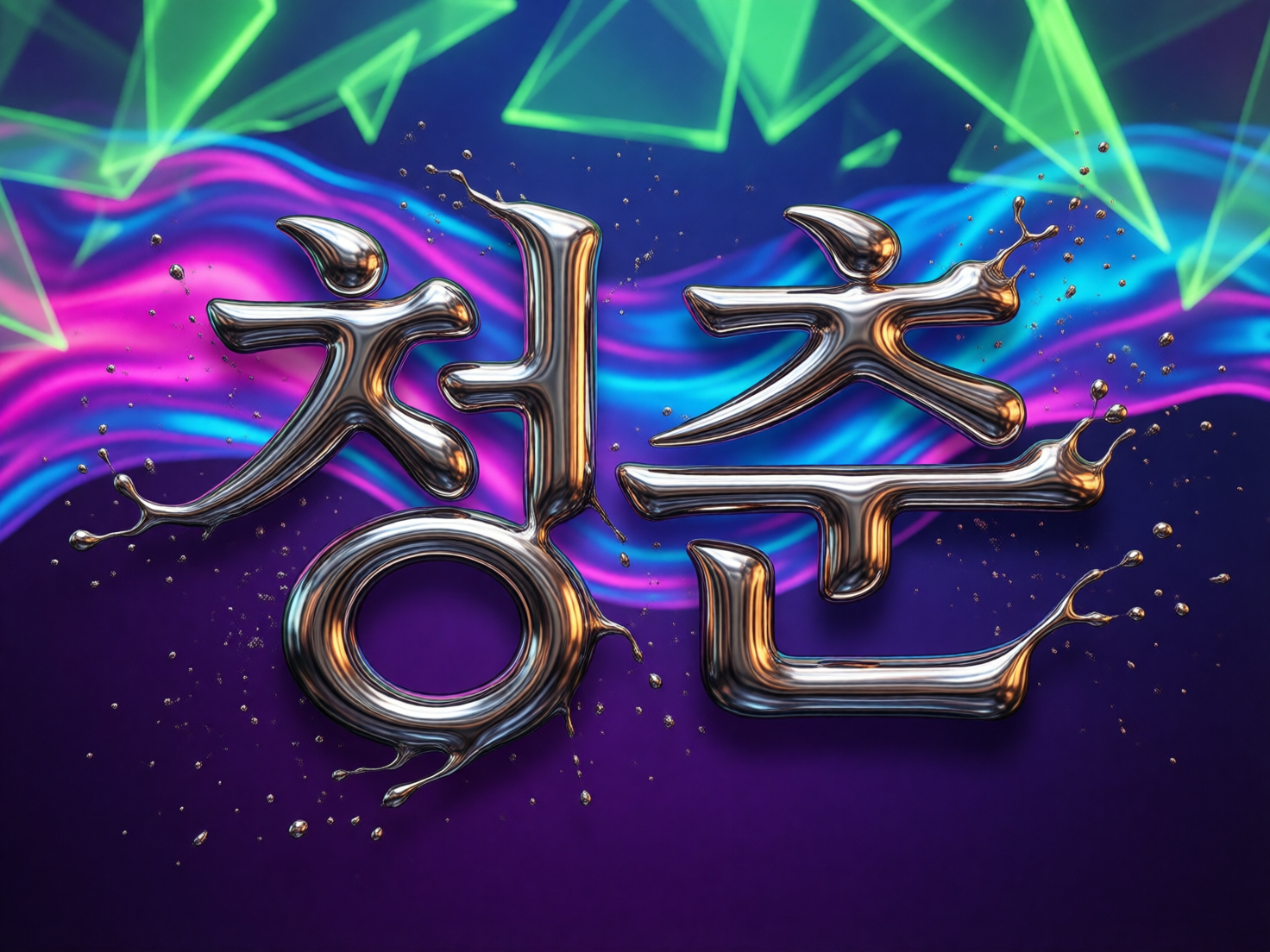 画面中呈现的是两个具有液态金属质感的韩文字符“청춘”（意为“青春”），它们悬浮在深紫色的背景中央。这两个字仿佛是由流动的水银或熔融的铬合金组成，表面具有极高的光泽度，反射着周围环境的橘色和蓝色光芒。字体边缘带有动态的飞溅效果，细小的金属液滴散落在文字四周，增强了流动感。背景由绚丽的霓虹色调构成，上方是半透明的绿色几何三角形，中间横贯着粉色与蓝色交织的流光线条，营造出一种赛博朋克或现代艺术的氛围。

从 AI 生成的角度来看，画面存在一些明显的逻辑缺陷：首先，韩文字符的结构并不标准，笔画之间的连接处显得过于圆滑且扭曲，部分笔画末端的飞溅效果显得生硬且不符合物理规律。其次，背景中的绿色三角形边缘锐利度不一，与流光线条的交汇处缺乏自然的遮挡关系。此外，金属表面的反射光影虽然华丽，但光源方向模糊，导致物体的体积感在某些转折处显得有些扁平。