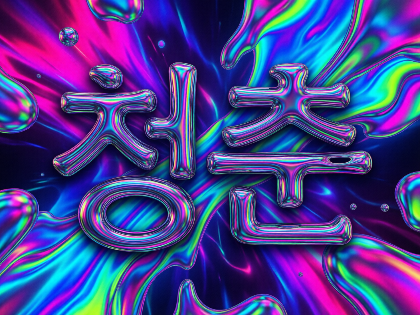 图中展示了一种极具视觉冲击力的液态金属风格艺术设计。画面中心是两个巨大的韩文字符“청춘”（意为“青春”），字体呈现出圆润的 3D 充气质感，表面具有强烈的金属光泽和彩虹般的镭射幻彩效果。背景是由深蓝色、亮粉色和翠绿色交织而成的流体纹理，仿佛正在流动的液态颜料，并伴有向四周扩散的放射状线条，营造出一种动感与能量迸发的氛围。文字周围还散落着一些晶莹剔透的液滴，增强了画面的立体感。在 AI 生成的细节方面，可以观察到文字笔画的连接处略显生硬，部分金属反光呈现出不自然的断裂感，且背景流体的边缘存在轻微的模糊与噪点，导致整体透视关系在精细度上略欠协调。