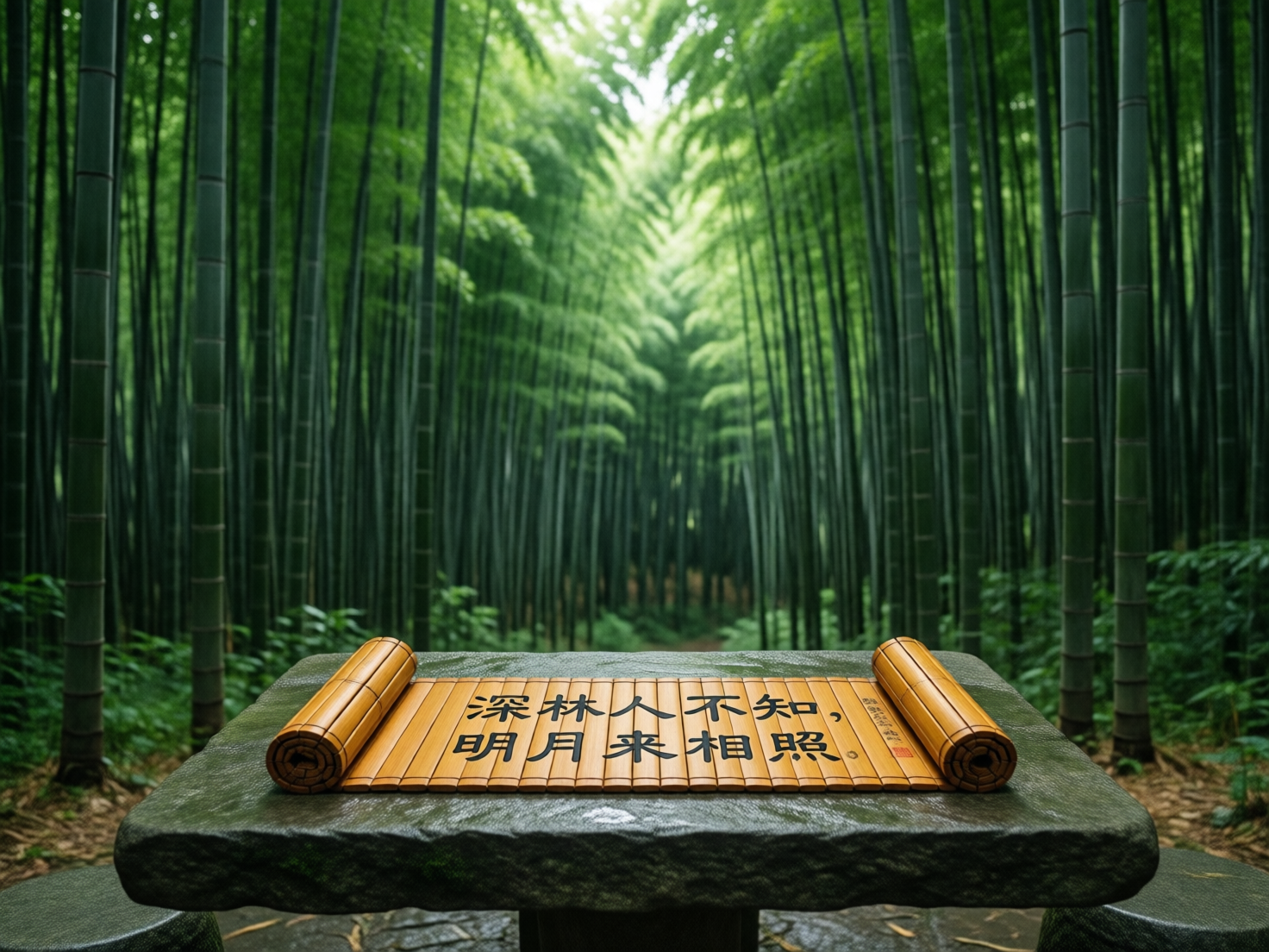 图中展现了一片幽静深邃的翠绿竹林，构图采用中心透视，密集的竹竿向画面中心汇聚，营造出一种宁静而深远的意境。画面前景是一张粗糙的深灰色石桌，桌上平铺着一副展开的黄色竹简。竹简上用黑色隶体字书写着唐代诗人王维的诗句：“深林人不知，明月来相照”。整体色调以浓郁的墨绿和清新的翠绿为主，光线从竹林顶部的缝隙中柔和地洒下。

在 AI 生成的细节方面，存在一些明显的逻辑缺陷：首先，竹简上的文字虽然清晰，但字体排版略显生硬，右侧边缘的小字模糊不清且不成字样；其次，竹简左右两端的卷轴部分结构异常，卷起的竹片纹理与中间平铺的部分衔接不自然，且卷轴的厚度在视觉上显得过于厚重。此外，石桌边缘的质感略显模糊，与背景竹林的精细度存在轻微的透视违和感。