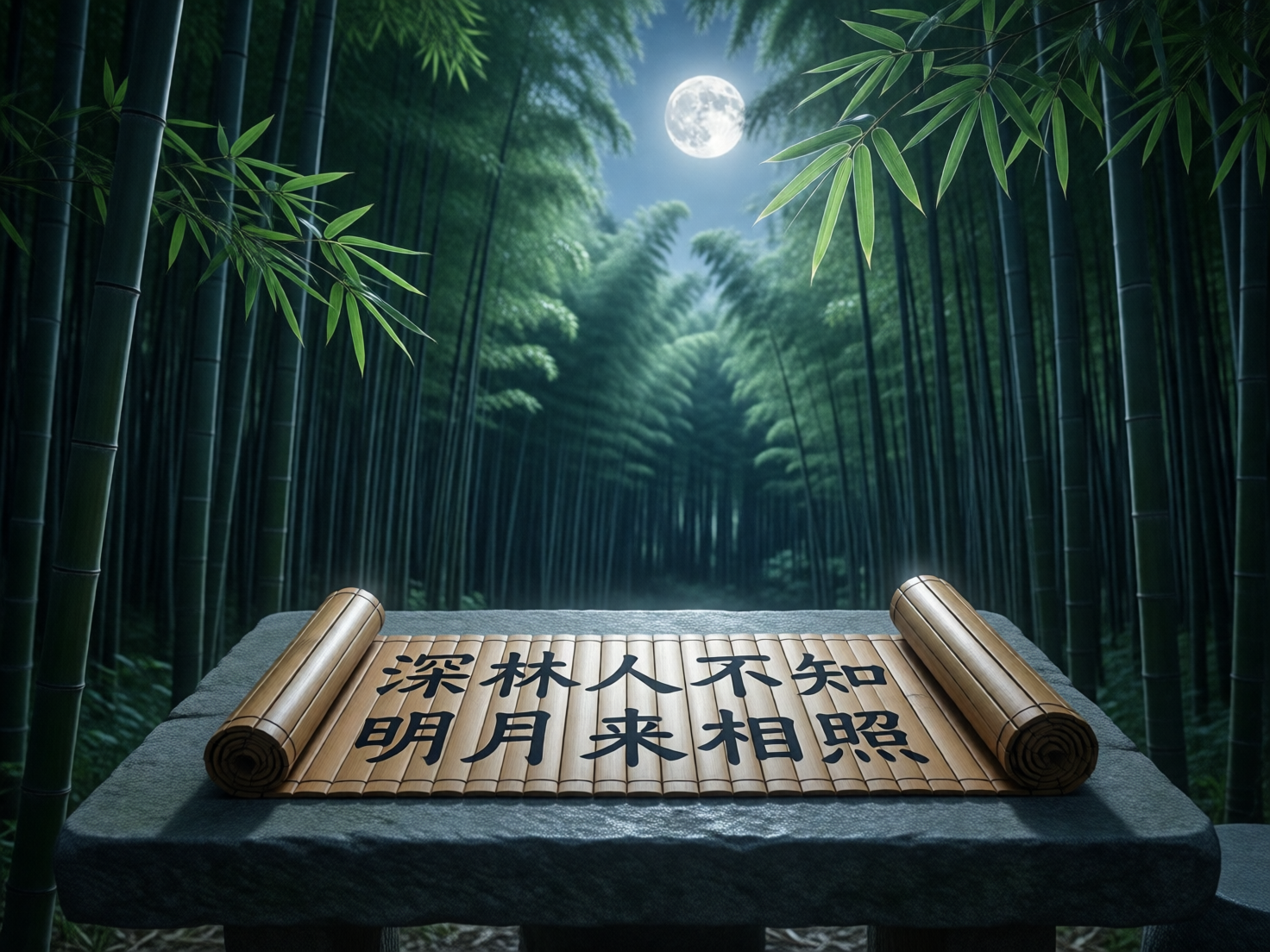 画面中呈现了一个宁静的夜晚竹林场景。前景是一张粗糙的灰色石台，台上铺展着一卷古朴的竹简，上面用黑色隶书字体写着王维的诗句“深林人不知，明月来相照”。背景是密集的翠绿竹林，竹竿笔直向上延伸，构图呈现出一种深邃的透视感。天空中挂着一轮圆润明亮的满月，月光穿透竹叶的缝隙，为整片森林笼罩上一层幽静的冷色调。画面整体色调以墨绿、深灰和月白色为主，营造出一种清冷、高雅的意境。

在 AI 生成的细节方面，存在一些明显的逻辑缺陷：首先，竹简上的文字虽然清晰，但部分笔画略显生硬，且竹简的物理结构不合理，左右两端的卷轴部分与中间平铺的竹片连接处缺乏自然的衔接感，看起来像是直接贴在石台上的平面。其次，背景中远处的竹林纹理出现了重复和模糊的现象，透视关系略显混乱。此外，石台边缘的受光面与天空中月亮的位置在光影逻辑上并不完全吻合，显得有些不自然。