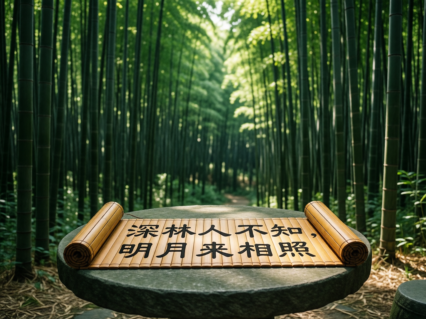 图中展现了一处宁静幽深的竹林景观。画面前景是一个粗糙的圆形石台，台面上平铺着一副展开的竹简，竹简色泽金黄，上面用黑色隶书字体写着王维的诗句：“深林人不知，明月来相照”。背景是密密麻麻、笔直向上的翠绿竹林，阳光从竹叶缝隙中洒下，形成明亮的纵深感，营造出一种清幽的意境。画面整体色调以自然的绿色和石头的灰褐色为主。

在 AI 生成的细节方面，存在一些明显的逻辑缺陷：首先，竹简上的文字虽然清晰，但字体结构略显僵硬，且“知”字后的逗号在传统竹简书写中并不常见。其次，竹简两侧卷起的部分与中间平铺的竹片在透视和连接上显得不够自然，左侧卷轴的纹理有些模糊。此外，石台边缘的质感处理较为模糊，与背景竹林的衔接处存在轻微的虚化异常，远处的竹竿在密集处出现了相互重叠和结构断裂的现象。