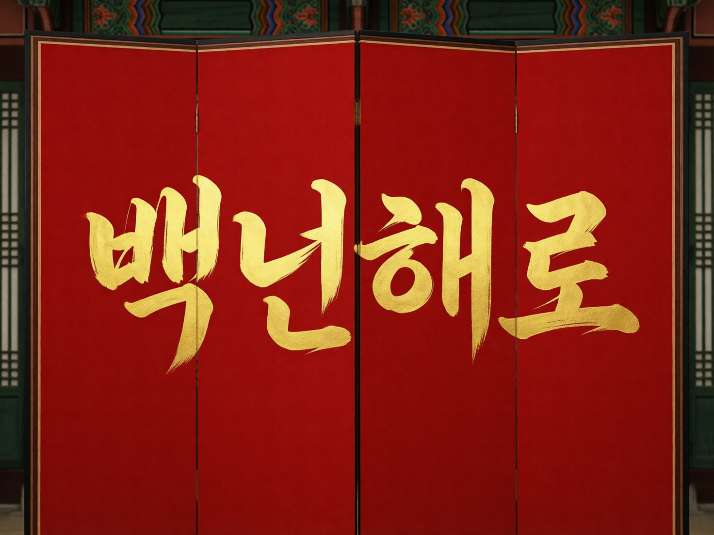 画面中展示了一个具有传统东亚风格的红色四扇屏风。屏风占据了画面的主体，背景隐约可见古建筑的绿色格栅窗和彩绘屋檐。屏风表面为鲜艳的正红色，边缘带有细窄的金边装饰。屏风中心横向书写着四个巨大的金色韩文书法字符“백년해로”，寓意“百年偕老”。字体呈现出明显的毛笔质感，笔触苍劲有力，金色颜料在红色背景下显得华丽且庄重。

在 AI 生成的细节方面，存在一些逻辑和透视上的瑕疵：屏风的折叠合页分布不均，左侧两扇之间有明显的金属合页，而右侧连接处则显得模糊或缺失；屏风顶部的边缘线条在转折处不够平滑，略显生硬；此外，背景中的建筑构件左右并不完全对称，色彩过渡略显人工合成的僵硬感。总体而言，画面色彩对比强烈，主题明确，但细节处仍留有 AI 运算的痕迹。
