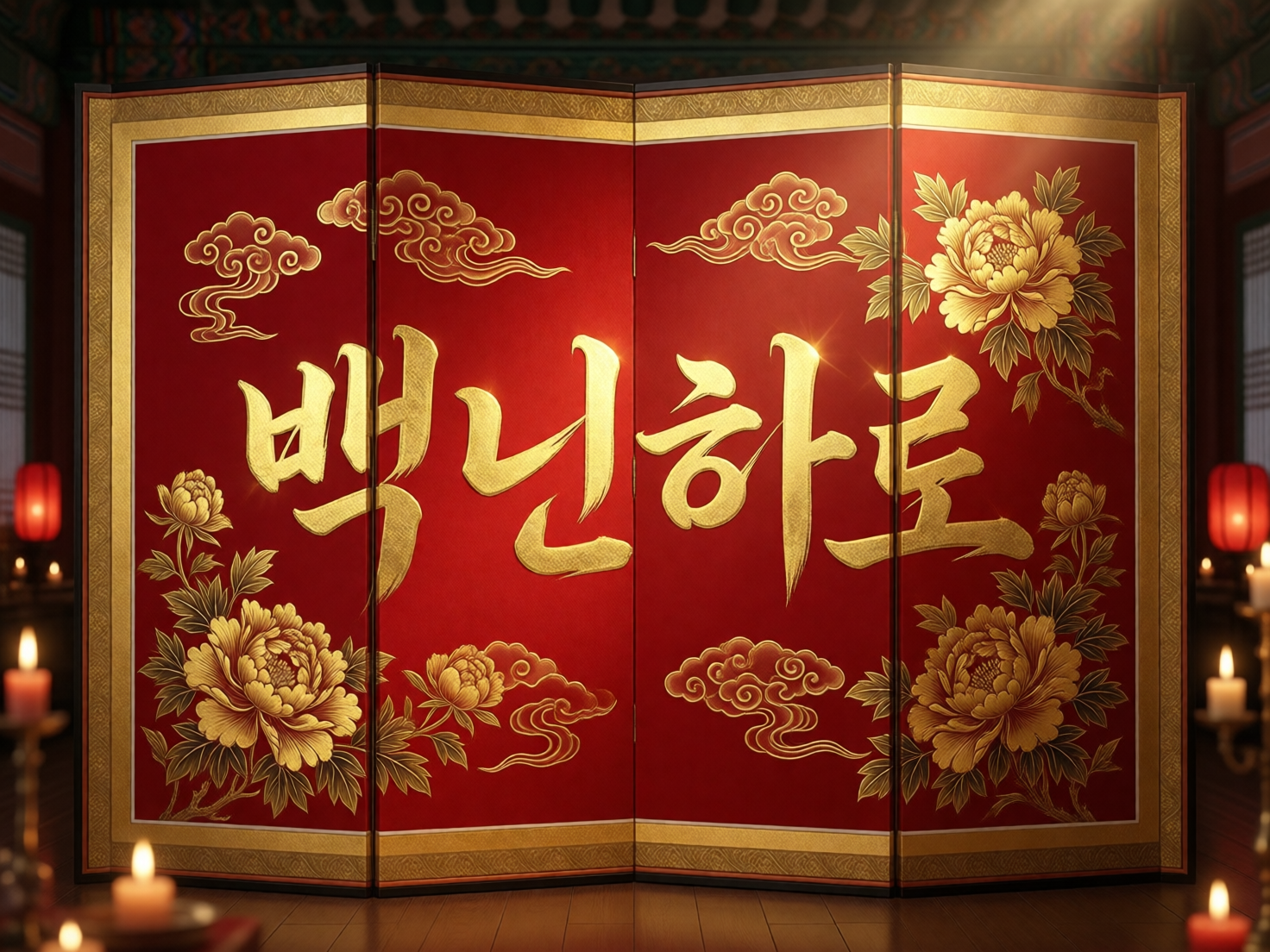 图中展示了一个极具东方传统韵味的室内场景，中心位置是一扇四扇折叠的红色屏风。屏风色调鲜艳夺目，边缘镶嵌着精致的金边，表面绘有金色的祥云和盛开的牡丹花图案，展现出富贵吉祥的寓意。屏风正中央横跨书写着四个巨大的金色韩文字符，字体笔画圆润且带有浮雕质感，在光线下闪烁着金属光泽。背景环境较为昏暗，隐约可见古色古香的木质建筑结构，两侧摆放着点燃的白色蜡烛和红色灯笼，温暖的烛光为画面增添了宁静而庄重的氛围。

在 AI 生成的细节方面，存在一些明显的逻辑缺陷：首先，屏风上的韩文字符并非标准词汇，笔画结构存在扭曲和拼写错误，属于典型的 AI 伪造文字。其次，屏风底部的折叠角度与地面接触的透视关系略显生硬，左侧前景中的蜡烛火焰形状过于规则，且光影投射在屏风上的位置与光源方向不完全吻合，呈现出一种超现实的人工合成感。