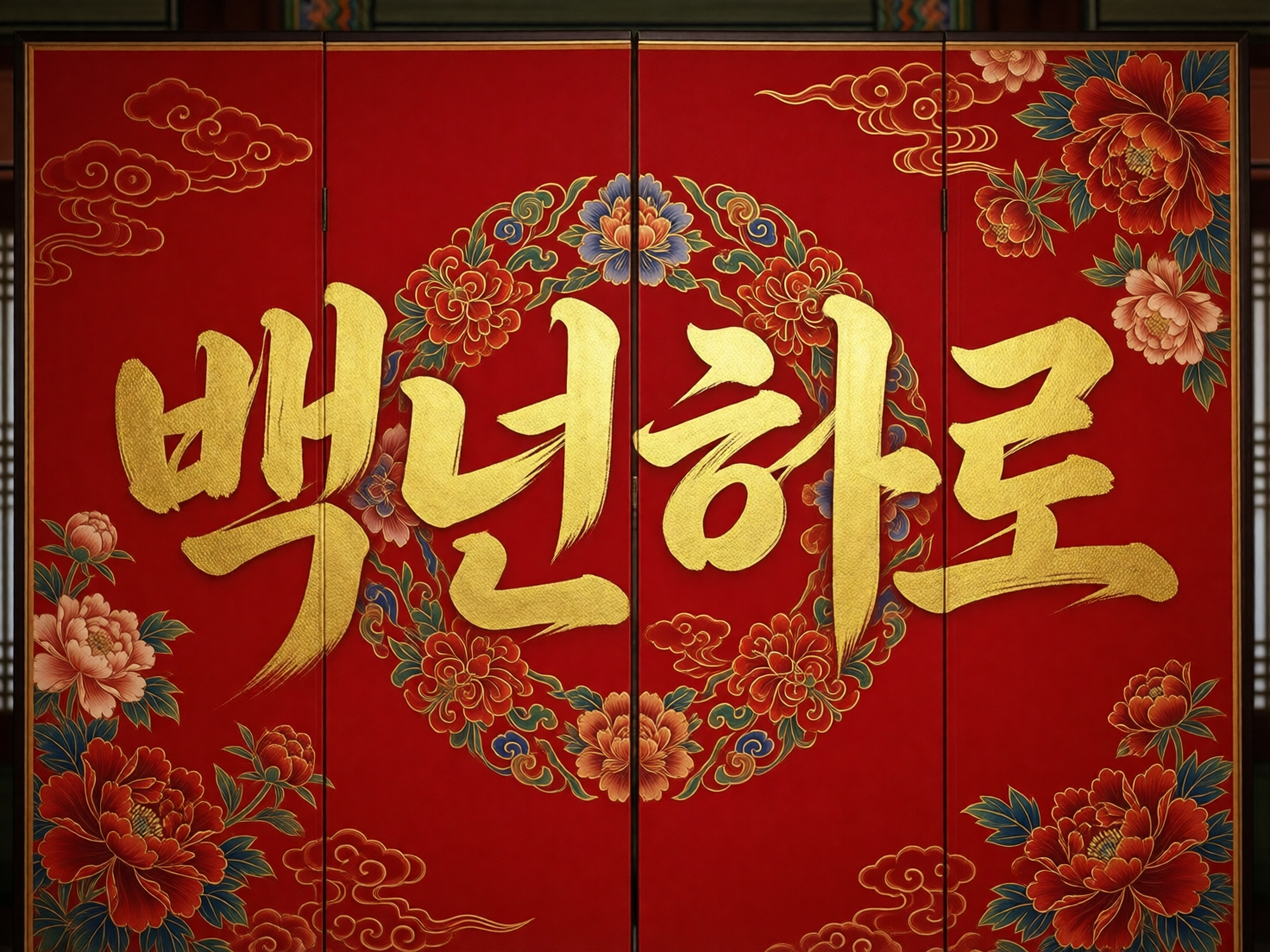 图中展示了一扇充满东方传统韵味的四扇红色屏风。画面以鲜艳的朱红色为底色，中心位置横向排列着四个巨大的金色书法字体，笔触苍劲有力，带有明显的金属质感和浮雕效果。字体背景是一个由牡丹花和祥云组成的圆形花环，四周角落也点缀着精美的牡丹花簇和金色勾边的祥云图案。花朵呈现出粉色、红色和蓝色的渐变，叶片则为深蓝色。

作为 AI 生成的图片，画面存在明显的逻辑缺陷：首先，中间的四个金色文字虽然形似韩文，但并非规范的词汇，属于 AI 模拟出的“伪文字”。其次，屏风的物理结构不合理，四扇屏风之间的接缝处，花环和文字的笔画虽然对齐，但合页（铰链）的位置分布不均且缺乏功能性逻辑。此外，部分花瓣和祥云的线条在接缝处出现了细微的错位和模糊，右侧角落的花卉边缘处理也略显生硬。