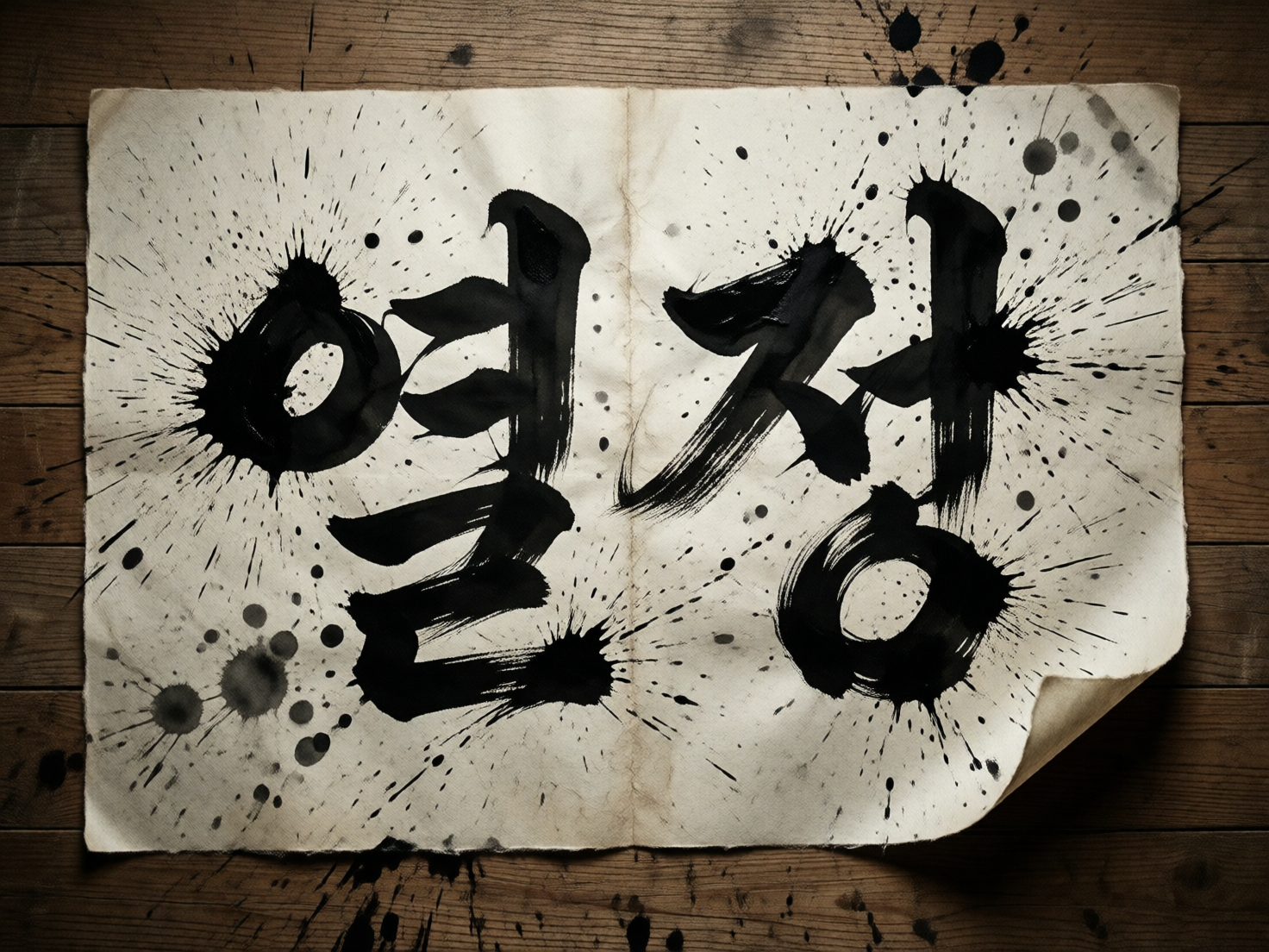 图中展示了一张具有复古质感的米白色旧纸张，平铺在深褐色的木纹桌面背景上。纸张中心是用粗犷的黑色水墨书写的韩文字体“열정”（意为“热情”），书法风格极具张力，笔触边缘带有大量喷溅状的墨迹，仿佛是毛笔重重落下时溅开的效果。纸张右下角微微卷起，增加了画面的立体感。整体色调以黑、白、棕为主，营造出一种艺术且深沉的氛围。在 AI 生成的细节方面，可以观察到明显的逻辑缺陷：纸张中间有一条垂直的折痕，但折痕两侧的墨迹喷溅效果过于对称且违背物理常识，部分墨点悬浮在纸张边缘之外的虚空中。此外，韩文字符的结构略显扭曲，笔画末端的飞白效果显得有些生硬和数字化，缺乏真实毛笔书写的自然过渡感。