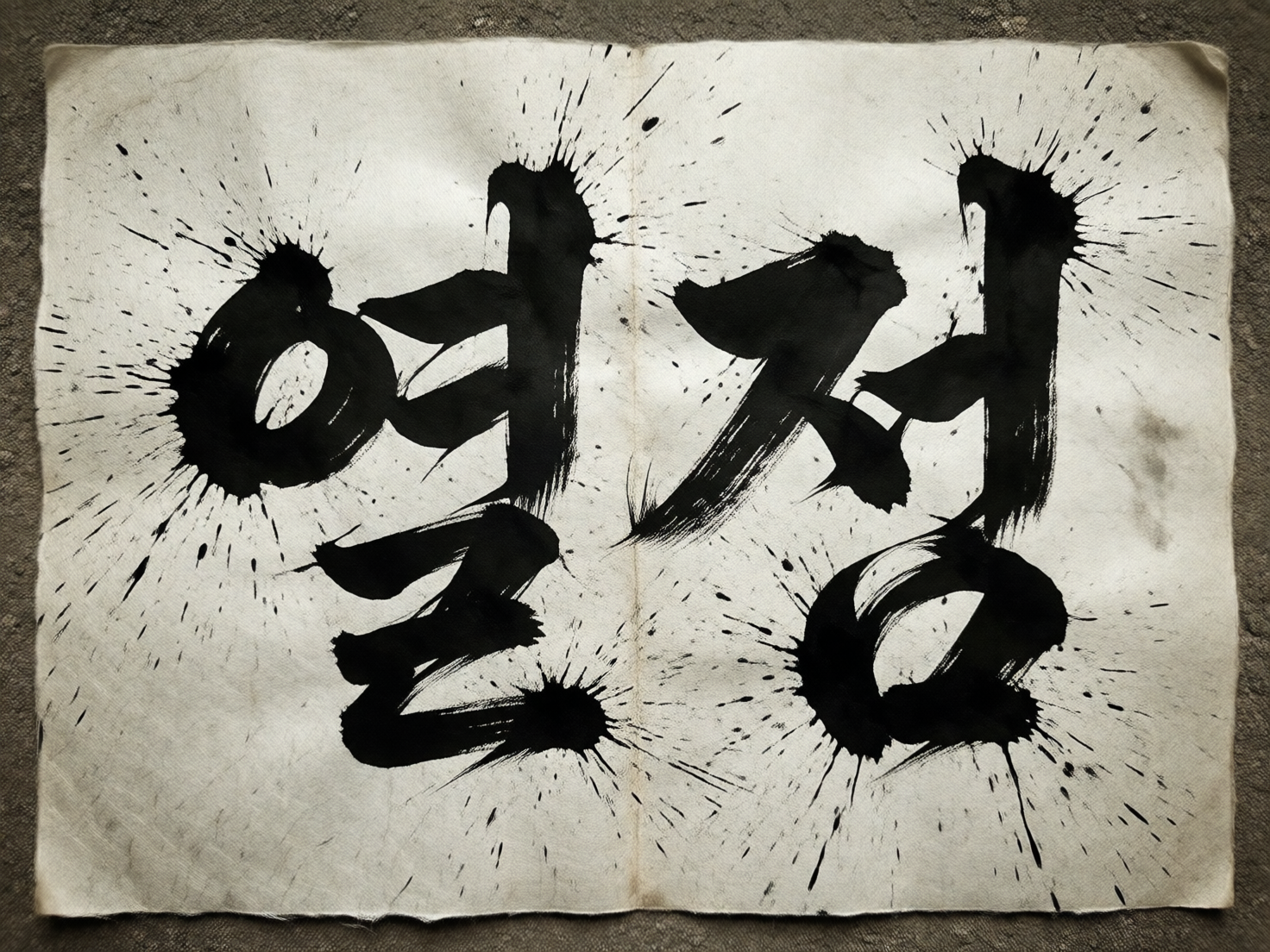 图中展示了一幅极具张力的现代书法作品，背景是一张带有褶皱和粗糙纹理的米白色旧纸张，纸张边缘略显不规则，仿佛铺在深灰色的石质地面上。画面中央是两个巨大的黑色韩文字符“열정”（意为“热情”），采用粗犷的毛笔书法风格书写。墨色浓郁，笔触苍劲有力，每个字符的边缘都伴随着剧烈的墨汁飞溅效果，细小的墨滴向四周放射状散开，营造出一种动态的爆发感和力量感。

作为 AI 生成的图像，画面存在一些逻辑上的瑕疵：首先，墨迹飞溅的形态过于均匀且呈完美的放射状，缺乏自然书写时因力度和方向变化产生的随机性；其次，纸张中央有一条明显的垂直折痕，但书法笔画在跨越折痕时完全没有产生物理上的断裂或变形，显得不够自然；此外，纸张边缘与背景地面的融合处显得有些生硬，缺乏真实的阴影过渡。