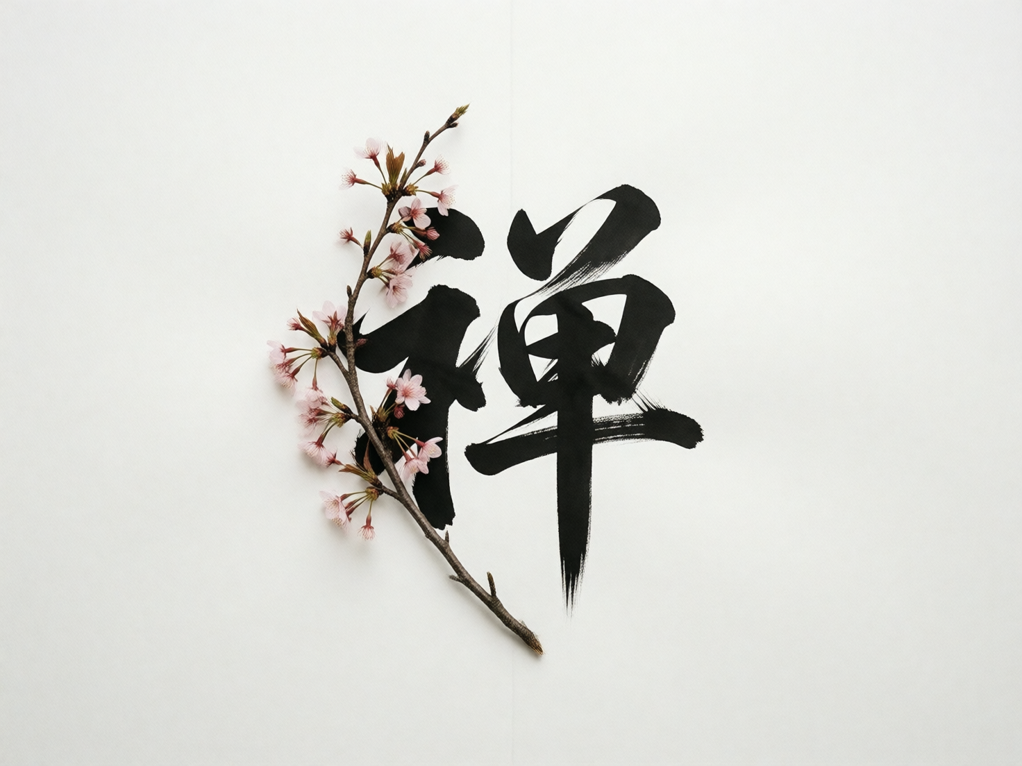 图中展示了一个极简主义风格的艺术构思，背景是纯净的米白色纸张质感。画面中心是一个巨大的黑色毛笔书法汉字，字形接近繁体或异体书写的“禅”字，笔触苍劲有力，带有明显的飞白效果。一枝粉嫩的樱花斜跨在汉字的左侧，花瓣娇小，呈现出淡粉色，枝干上点缀着细小的绿芽。构图上，植物的自然曲线与书法的刚劲线条相互交织，营造出一种宁静、禅意的氛围。在 AI 生成的细节方面，存在明显的逻辑缺陷：左侧的樱花枝条与书法字迹的遮挡关系混乱，部分花朵和枝干像是直接“生长”在墨迹之中，而非摆放在纸面上；此外，汉字的结构并不规范，左侧偏旁部首的笔画扭曲且不完整，缺乏真实书法的严谨结构，属于典型的 AI 模拟文字错误。