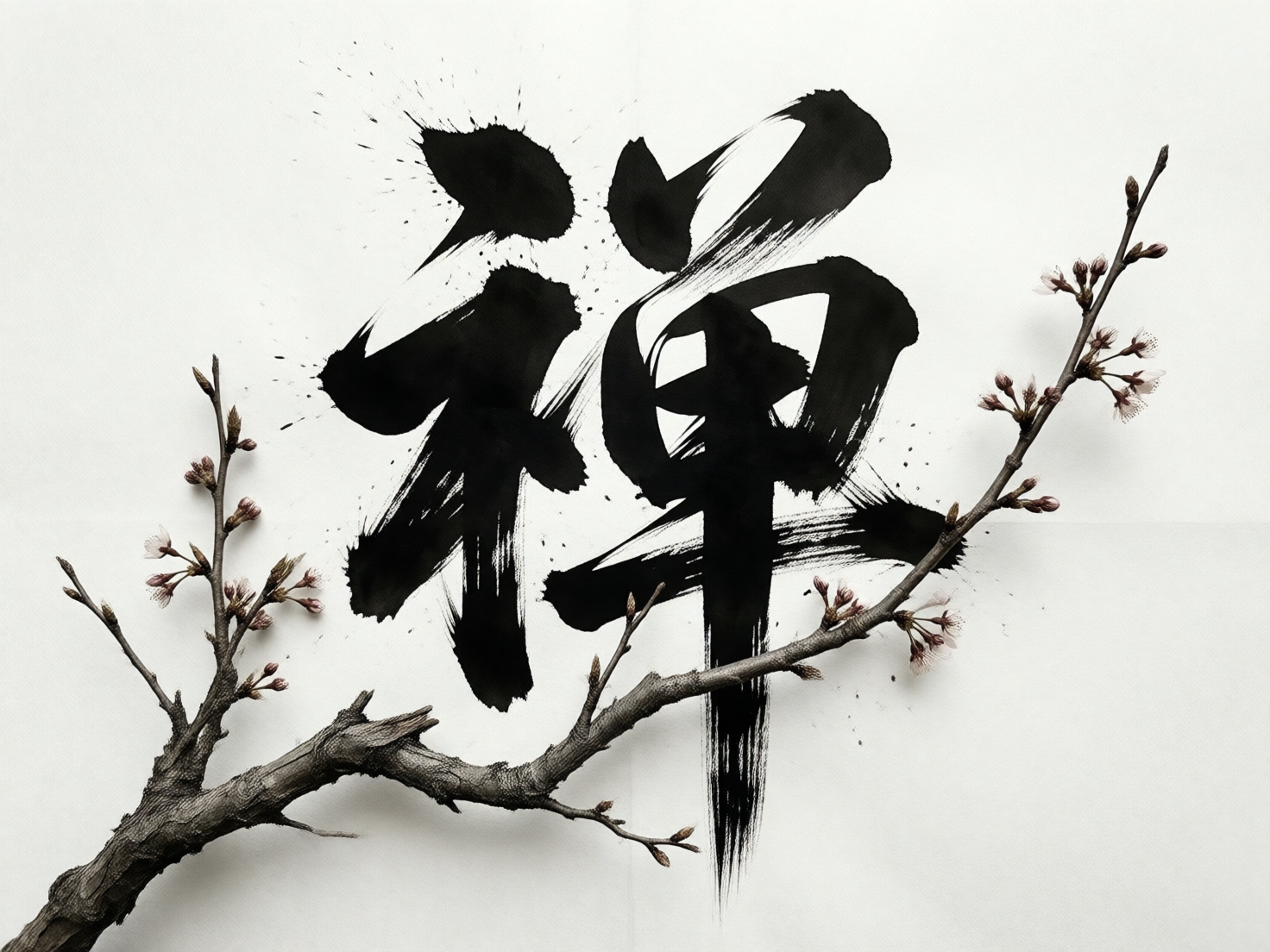 图中展示了一幅结合了中国书法与写实植物元素的艺术作品。画面背景为纯净的米白色，中心位置是一个巨大的黑色水墨书法字“禅”。字迹苍劲有力，带有明显的飞白效果和墨汁溅洒的痕迹，展现出一种写意的动感。在书法的下方，一枝写实的梅花或樱花枝条横跨画面底部并向上延伸。枝干纹理粗糙写实，呈灰褐色，上面点缀着淡粉色的小花苞和几朵半开的鲜花，花瓣细腻，与粗犷的书法形成鲜明对比。

在 AI 生成的细节方面，存在明显的逻辑缺陷：首先，书法字“禅”的结构并不标准，左侧的“示字旁”被拆解成了互不相连的碎块，且笔画交叠处显得杂乱，不符合真实书法的运笔逻辑。其次，前景的植物枝条与背景书法的空间关系异常，枝条仿佛悬浮在字迹之上，且部分细小分叉的生长方向略显生硬，缺乏自然的生长弧度。此外，画面右侧背景隐约可见一条横向的折痕或拼接线，破坏了纸面的完整感。