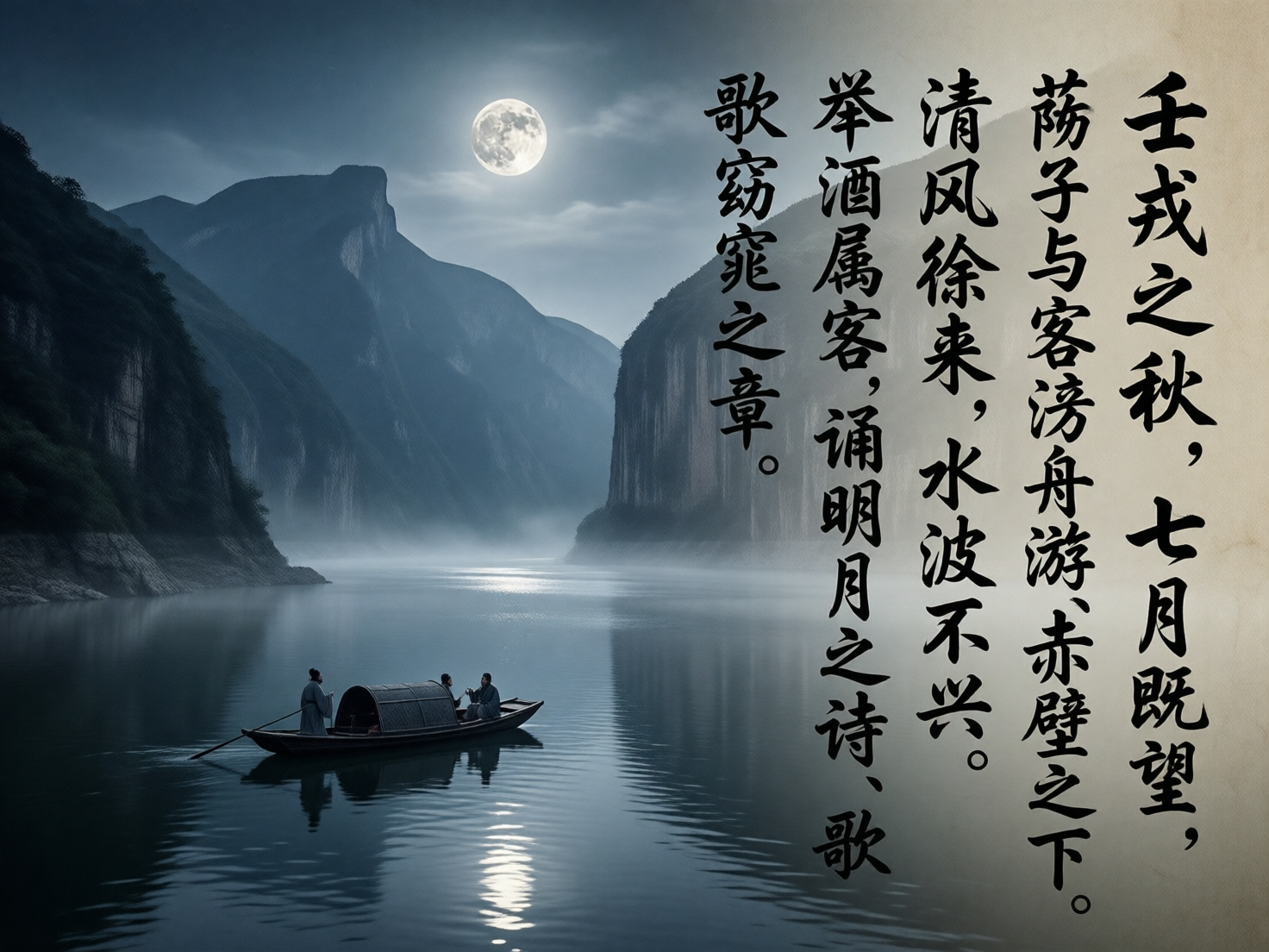 图中描绘了一幅充满诗意的月夜江景，意在表现苏轼《赤壁赋》的意境。画面左侧是幽暗的群山，山峦在月色下呈现出深蓝色调，江面上笼罩着一层薄薄的晨雾或水汽。一轮明亮的圆月悬挂在夜空中央，月光在平静的水面上倒映出一道波光粼粼的长影。江中漂浮着一叶带顶篷的小木舟，船上有三位穿着古装的人物，一人撑船，两人对坐，构图宁静深远。画面右侧占据约三分之一位置的是竖排书写的黑色繁体书法文字。在 AI 生成缺陷方面，文字部分存在明显的错别字和逻辑错误，如“苏子”被误写为“萨子”，“泛舟”误写为“滂舟”，且部分字迹笔画扭曲。此外，船上人物的五官模糊不清，撑船者的姿势与船桨的入水角度略显生硬，不符合真实的物理受力逻辑。