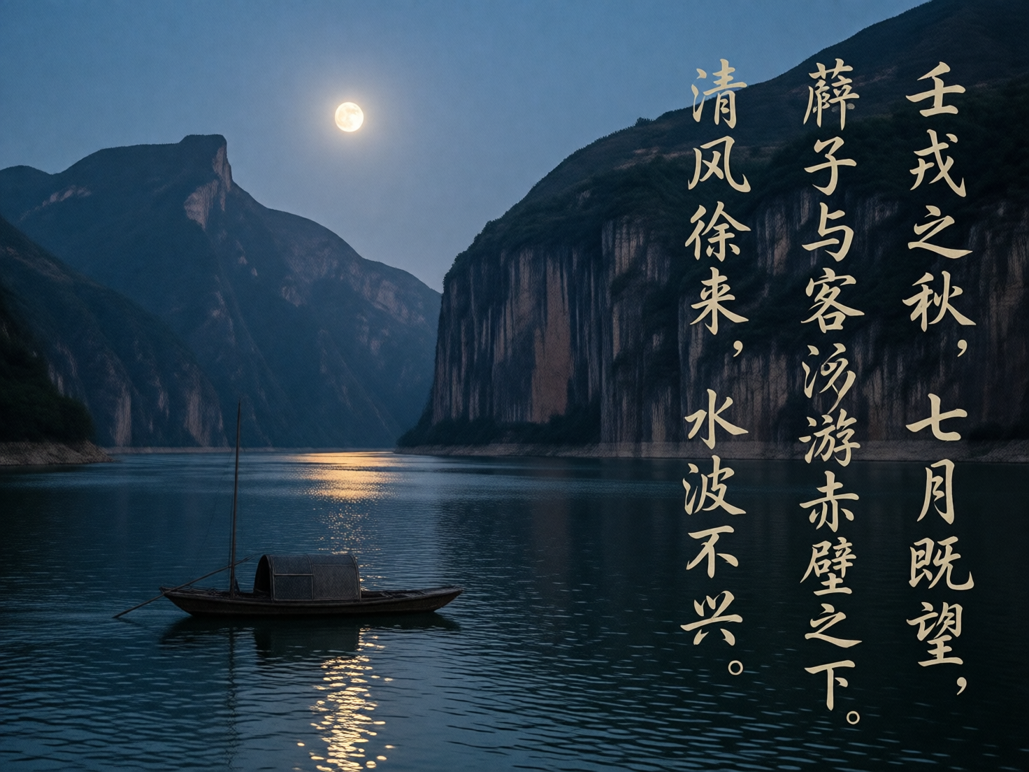 图中描绘了一幅宁静的月夜江景，意在表现苏轼《赤壁赋》中的意境。画面中心是一轮明亮的圆月悬挂在深蓝色的夜空中，月光在微波粼粼的江面上投射出一道金色的倒影。江水两侧是陡峭高耸的山峦，山体呈现出深沉的青黑色，右侧山壁尤为垂直，宛如屏障。江面上停泊着一艘带有半圆形顶棚的小木船，船上立有一根细长的桅杆。画面右侧竖排书写着金色的行书文字，内容为《赤壁赋》的开头名句。

在 AI 生成的细节方面，存在一些明显的逻辑缺陷：首先，船只的结构不完整，桅杆与船体的连接处显得生硬且缺乏合理的绳索支撑，船尾部分似乎没入水中，透视略显扁平。其次，文字部分出现了明显的错别字，例如将“苏子”误写为“薛子”，且部分笔画结构扭曲，不符合书法逻辑。此外，月亮在水中的倒影过于明亮且呈现金黄色，与天空中冷白色的月亮色调不完全统一，光影处理略显违和。