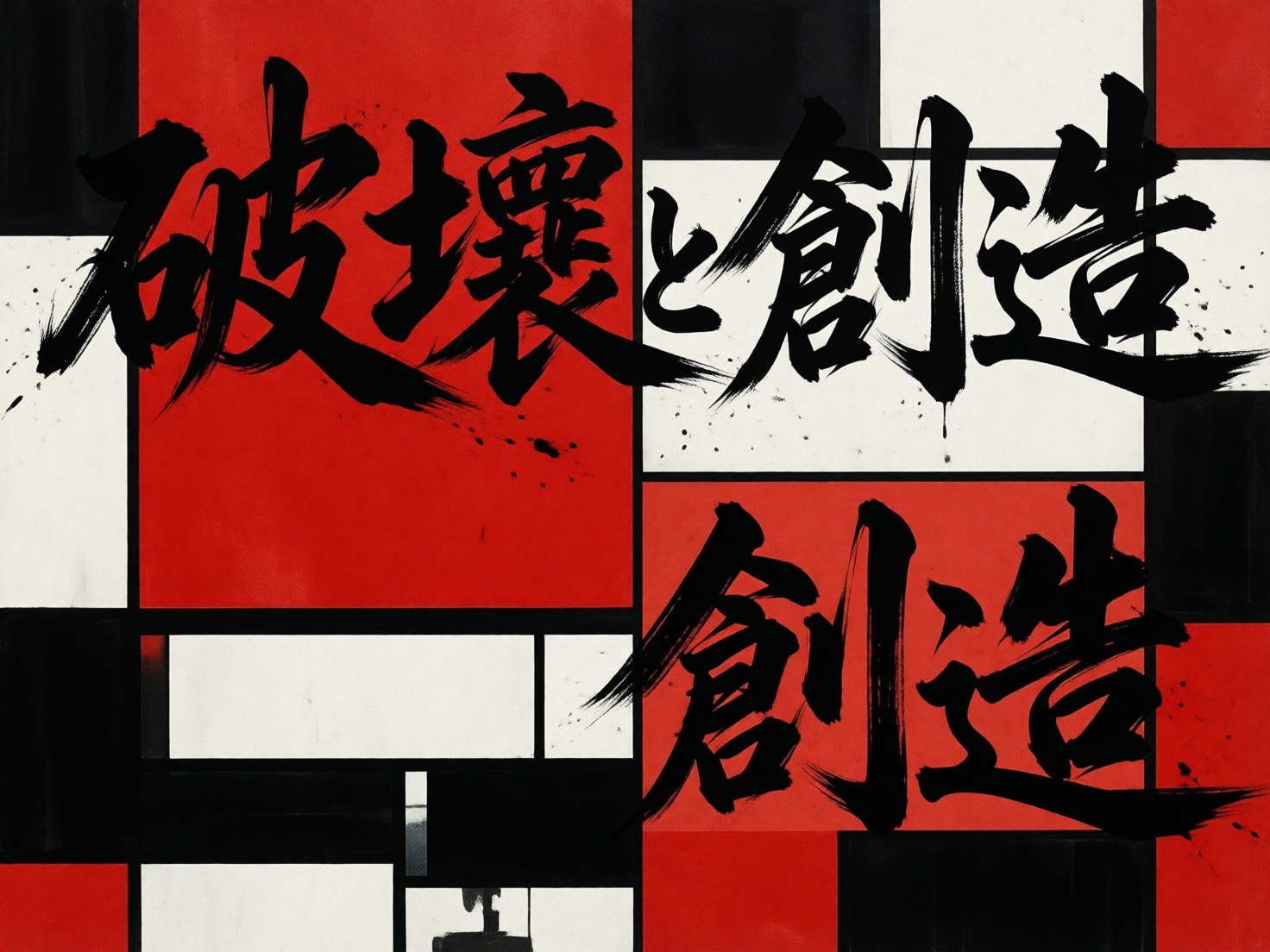 图中展示了一幅结合了现代几何抽象艺术与传统东方书法的作品。背景采用了类似蒙德里安风格的构图，由大面积的红色、白色和黑色矩形色块组成，色块之间由粗细不一的黑色线条分隔。画面上方横向书写着黑色的毛笔书法字“破壊と創造”（破坏与创造），笔触苍劲有力，带有明显的飞白和墨滴飞溅效果。画面右下方再次出现了纵向排列的“創造”二字。在 AI 生成的细节方面，存在明显的文字逻辑缺陷：左上角的“破”字左侧偏旁结构模糊，与右侧挤压在一起；“壊”字的笔画过于繁杂且存在不合理的重叠；右下角的“創”字左半部分结构扭曲，缺乏真实的汉字间架结构；此外，背景的黑色线条在交叉处显得不够平整，部分墨迹的喷溅方向与笔势逻辑不符。