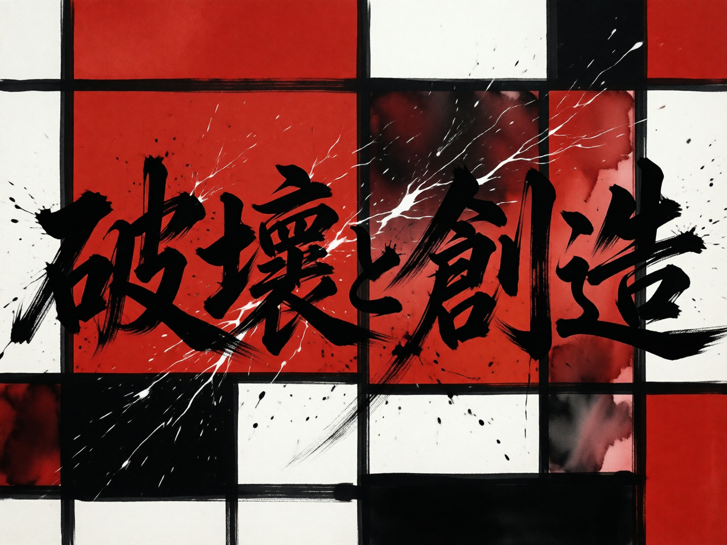 图中展示了一幅结合了现代几何抽象与传统书法风格的艺术作品。背景由红、黑、白三种颜色的矩形色块组成，类似于蒙德里安的格子构图，但线条带有水墨晕染的质感。画面中心横向书写着五个巨大的黑色书法字体，内容为日文汉字“破壊と創造”（破坏与创造）。书法笔触苍劲有力，带有明显的飞白效果，周围伴随着白色和黑色的墨滴飞溅，营造出一种动态的冲击感。

在 AI 生成的细节方面，存在一些明显的逻辑缺陷：首先，书法字体的结构并不完全规范，部分笔画交汇处显得生硬或模糊，特别是“壊”字和“創”字的内部结构略显混乱，不符合真实书法的运笔逻辑。其次，背景格子的黑色边缘线粗细不一，且在与文字交汇处出现了不自然的断裂或过度融合。此外，画面中的白色飞溅线条过于纤细且走向杂乱，呈现出一种数字生成的规律感，缺乏真实水墨喷溅的随机自然感。