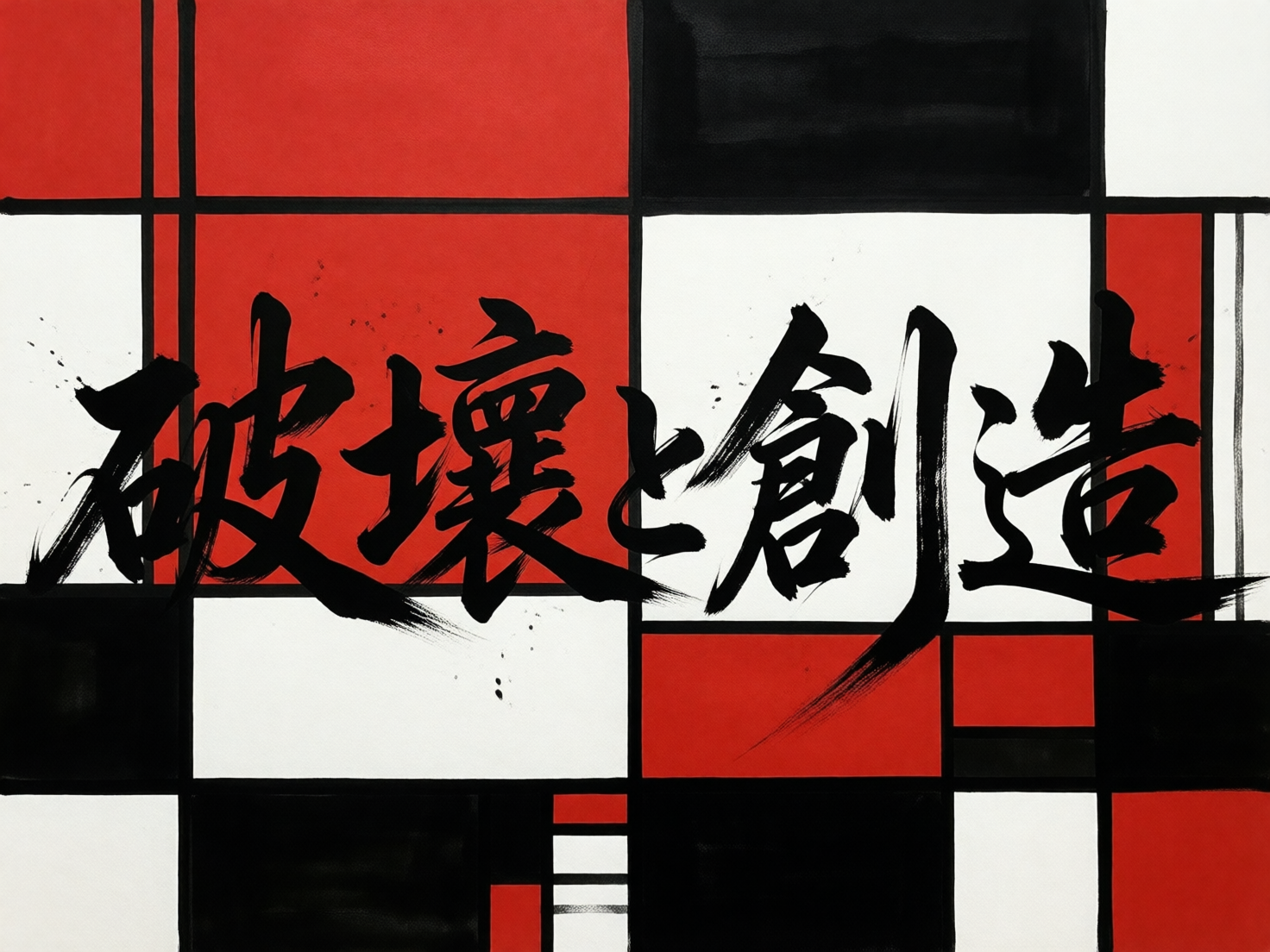 图中展示了一幅结合了蒙德里安风格几何抽象与东方书法艺术的平面设计作品。背景由大面积的红色、黑色和白色矩形块组成，并由粗细不一的黑色直线勾勒出网格框架。画面中央横向书写着五个巨大的黑色毛笔书法字，内容为繁体中文和日文混合的“破壊と創造”（破坏与创造）。字体笔触苍劲有力，带有明显的飞白效果和墨滴飞溅的痕迹，与背后规整的几何色块形成鲜明对比。在 AI 生成的细节方面，可以观察到一些逻辑上的瑕疵：背景的黑色线条在穿过书法字体时出现了不自然的断裂或偏移，部分色块边缘的直线不够平滑，存在轻微的锯齿感。此外，最右侧的“造”字结构略显局促，笔画末端的延伸与背景网格的交汇处显得有些生硬，缺乏真实手绘书法的自然渗透感。