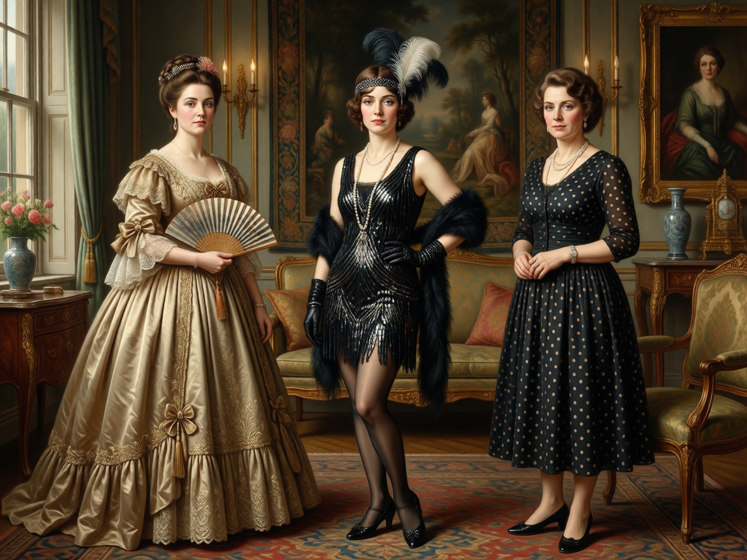 图中展示了一个装饰华丽的古典室内场景，三位女性并排站立，分别穿着不同历史时期的服饰。左侧女性身着维多利亚风格的金色大摆长裙，手持折扇；中间女性穿着 1920 年代风格的黑色亮片流苏短裙，头戴羽毛发饰，披着黑色皮草；右侧女性则穿着 1950 年代风格的黑色波点连衣裙。背景是一间带有壁画、油画和古典家具的欧式客厅，色调深沉且富有质感。然而，画面存在明显的 AI 生成缺陷：中间女性的左手手指比例失调，且与腰部的衔接显得生硬；她右侧的皮草披肩似乎凭空悬浮，缺乏合理的支撑点。此外，背景墙上的油画人物面部模糊，右侧桌子上的花瓶和装饰物透视略显扭曲，与整体环境的融合度不够自然。