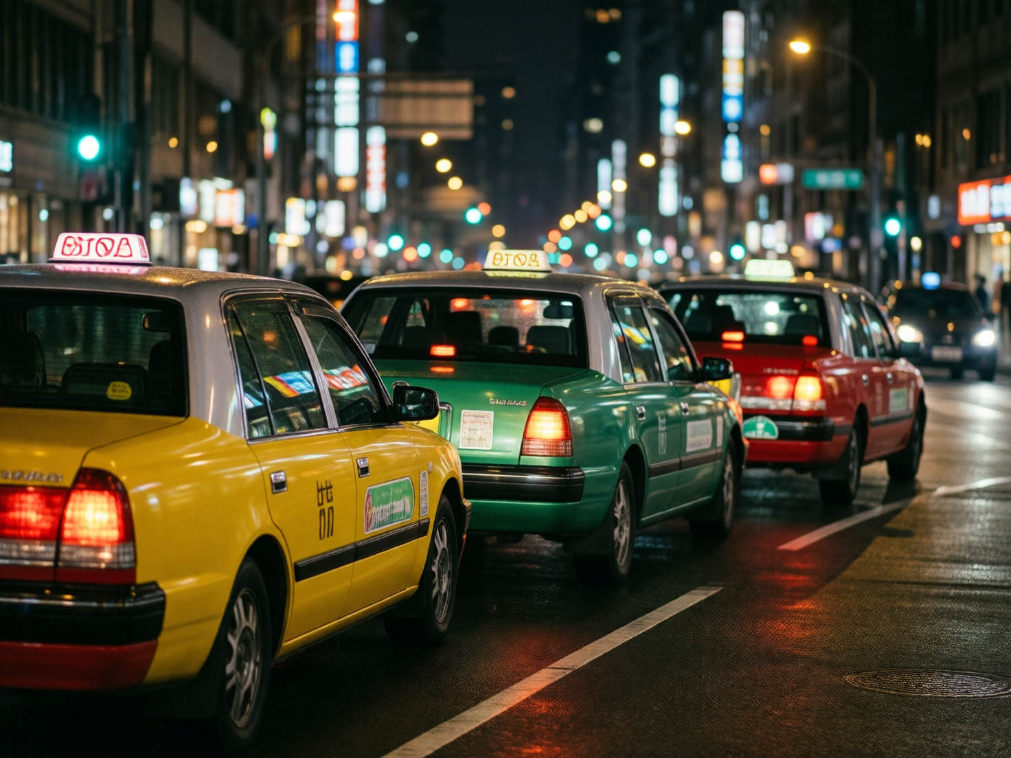 图中展现了一个繁华都市的夜晚街景，三辆色彩鲜艳的出租车正停在湿漉漉的柏油马路上，由近及远依次为明黄色、翠绿色和深红色。画面采用浅景深构图，背景中密集的摩天大楼、霓虹灯牌和交通信号灯化作了斑斓的虚化光斑，营造出一种细雨初霁后的都市氛围。近处的黄色出租车占据了画面左侧的大部分空间，车顶灯散发着柔和的光，车身侧面贴有绿色的标识。

作为一张 AI 生成的图片，画面中存在几处明显的逻辑缺陷：首先，三辆出租车顶部的灯牌文字均为杂乱无章的乱码符号，无法辨认任何真实语言；其次，黄色出租车车门上的黑色字体看起来像是不完整的汉字残片，且车身侧面的绿色贴纸图案模糊扭曲；最后，远景处红色出租车后方的车辆灯光分布略显杂乱，部分光影与车身的透视关系衔接得不够自然。