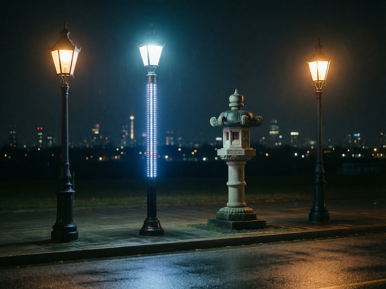 画面中展示了一个宁静的夜晚街景，四座风格各异的灯具整齐地排列在潮湿的马路边缘。从左至右，第一座和第四座是传统的欧式黑色金属路灯，散发着温暖的橘黄色光芒；第二座路灯虽然顶部形状相似，但灯柱上镶嵌了密集的白色LED灯珠，发出冷色调的强光；第三座则是一座灰白色的石制日式灯笼（石灯笼），造型古朴。背景是模糊的城市远景，点缀着零星的灯火，地面因刚下过雨而倒映着灯光。画面构图平稳，冷暖色调交织。明显的 AI 生成缺陷在于：左侧第二盏灯的灯柱设计逻辑混乱，现代的 LED 灯珠生硬地嵌入在复古灯杆中，且光效分布不自然；最右侧路灯的底座与路面衔接处显得有些漂浮，缺乏真实的阴影过渡；背景中的建筑轮廓过于模糊且形状扭曲，不符合真实的城市透视规律。